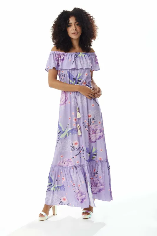 Bird Floral Print Off Shoulder Maxi Dress Lilac by Liquorish sold by Goddiva