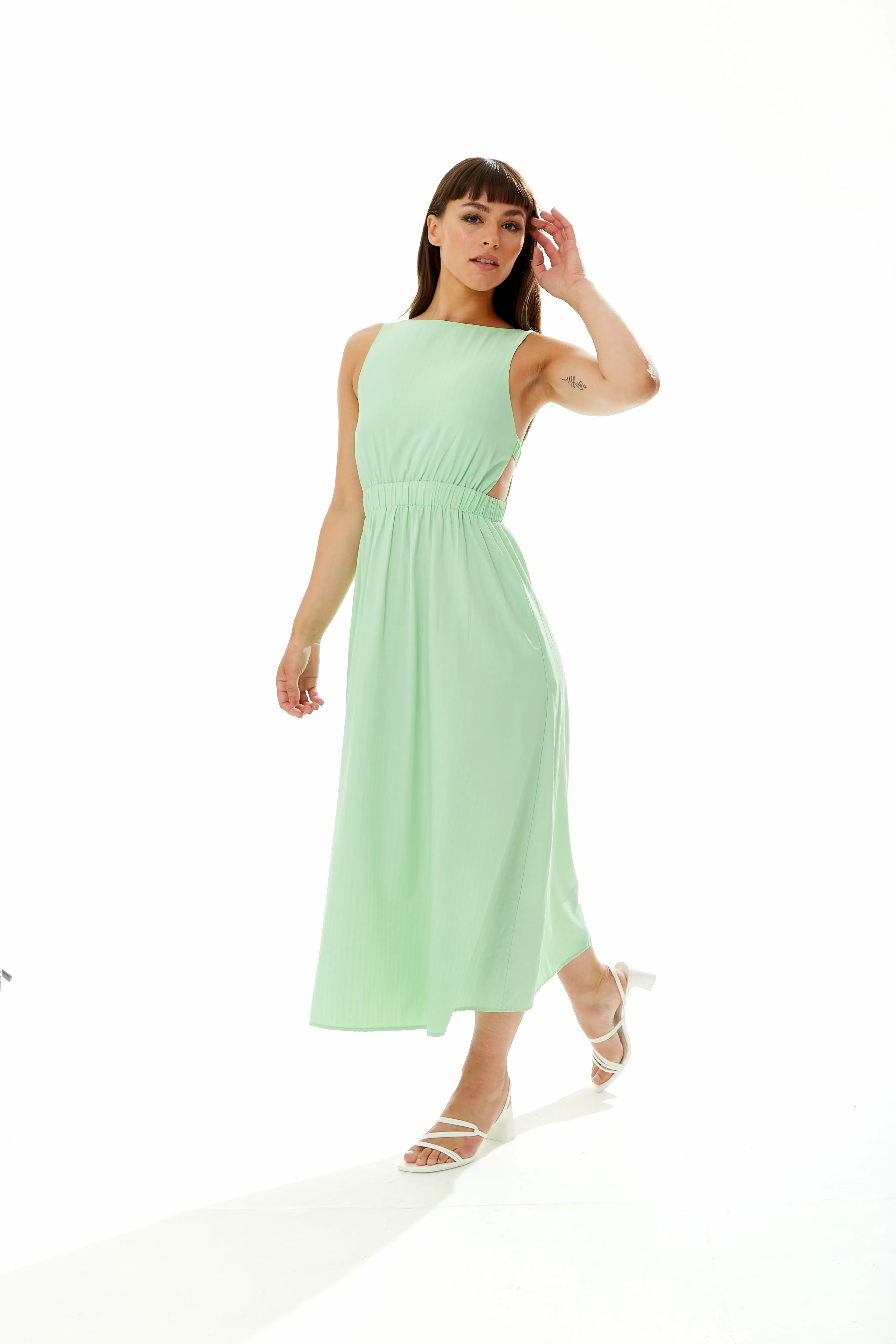 Green Midi Dress With Open Back Elasticated Waist by Liquorish sold by Goddiva