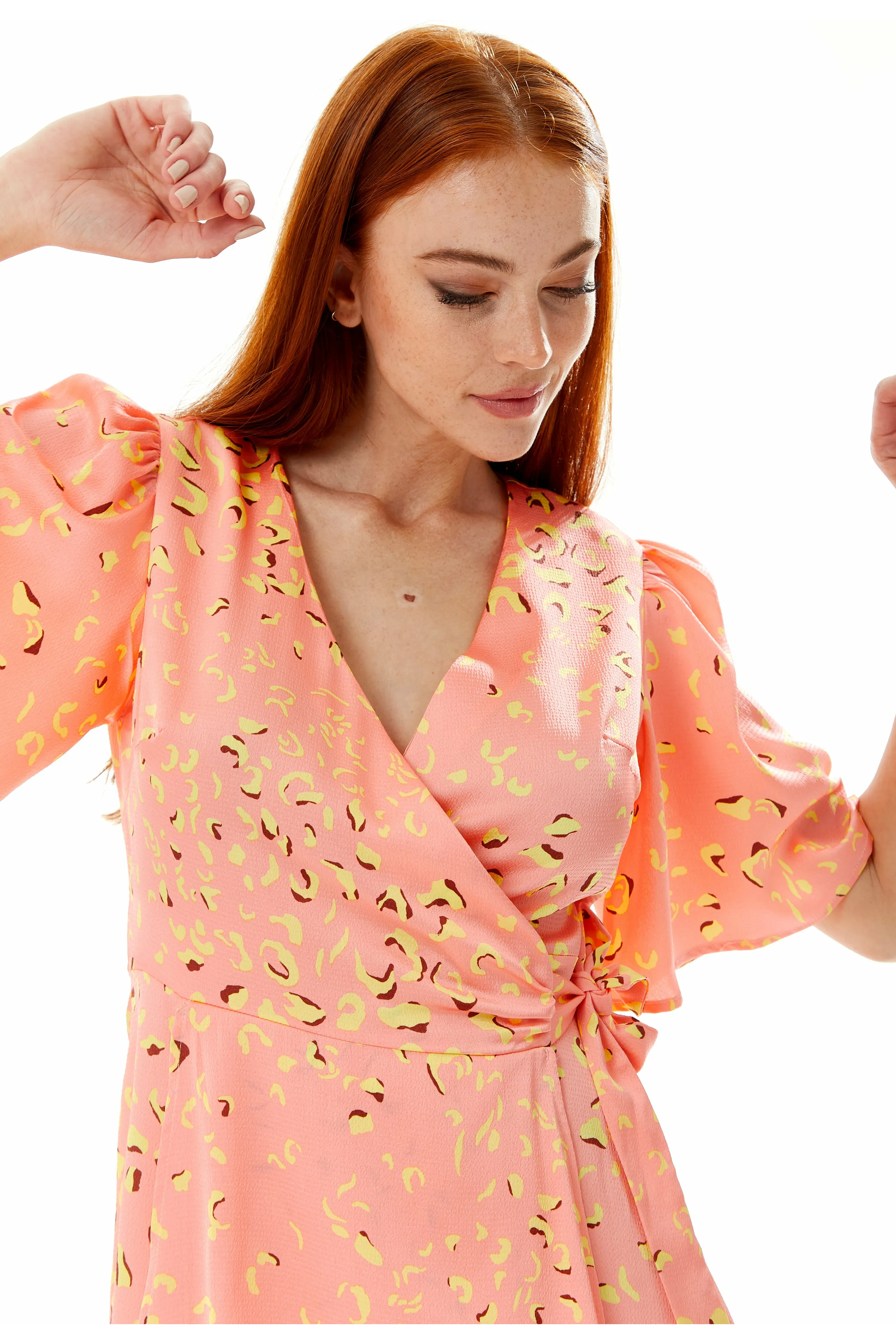 Mini Abstract Animal Print Wrap Dress In Peach by Liquorish sold by Goddiva product image thumbnail 5