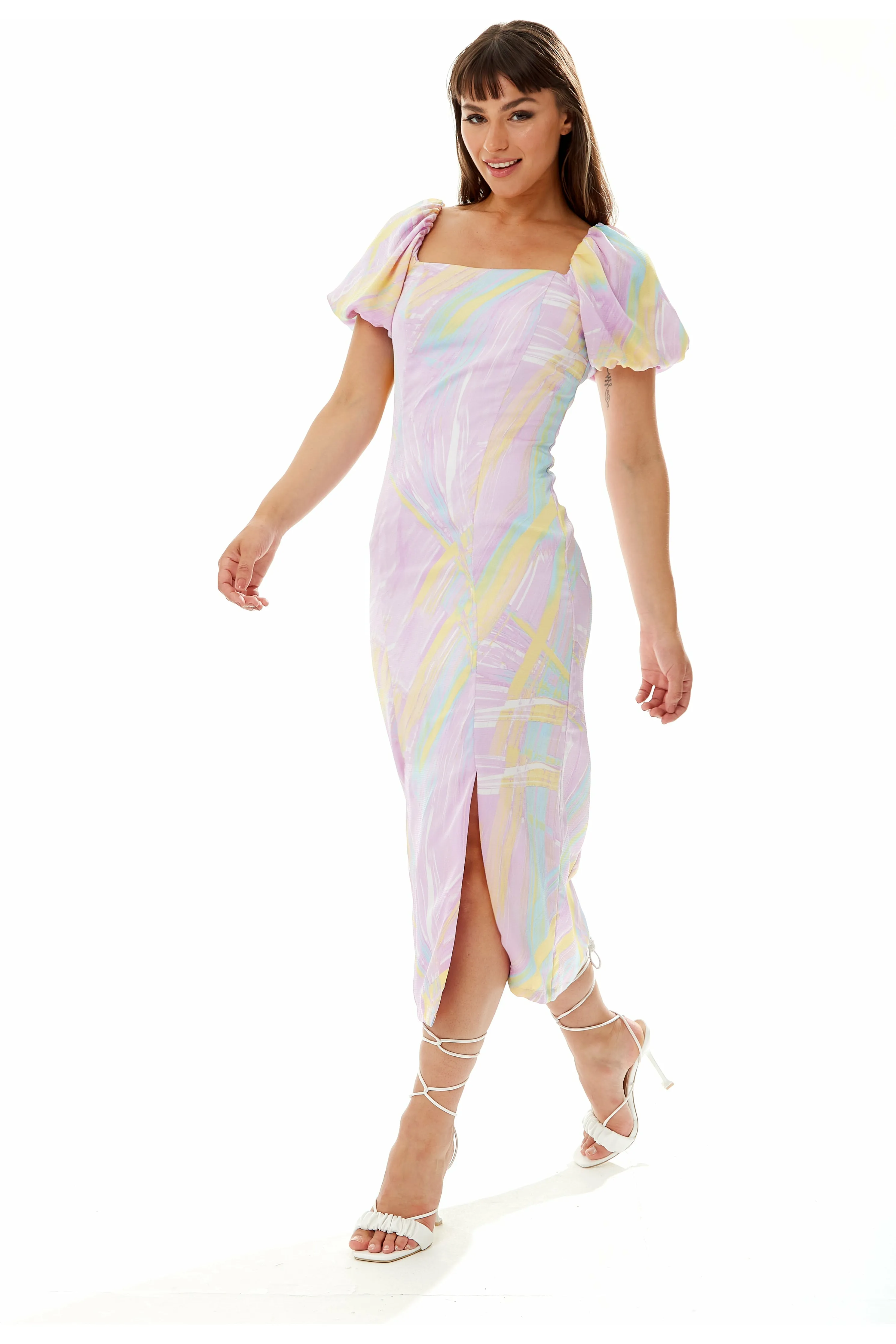 Midi Square Neck Brush Stroke Print Dress In Lilac by Liquorish sold by Goddiva product image thumbnail 2