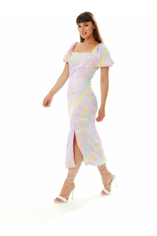 Midi Square Neck Brush Stroke Print Dress In Lilac by Liquorish sold by Goddiva