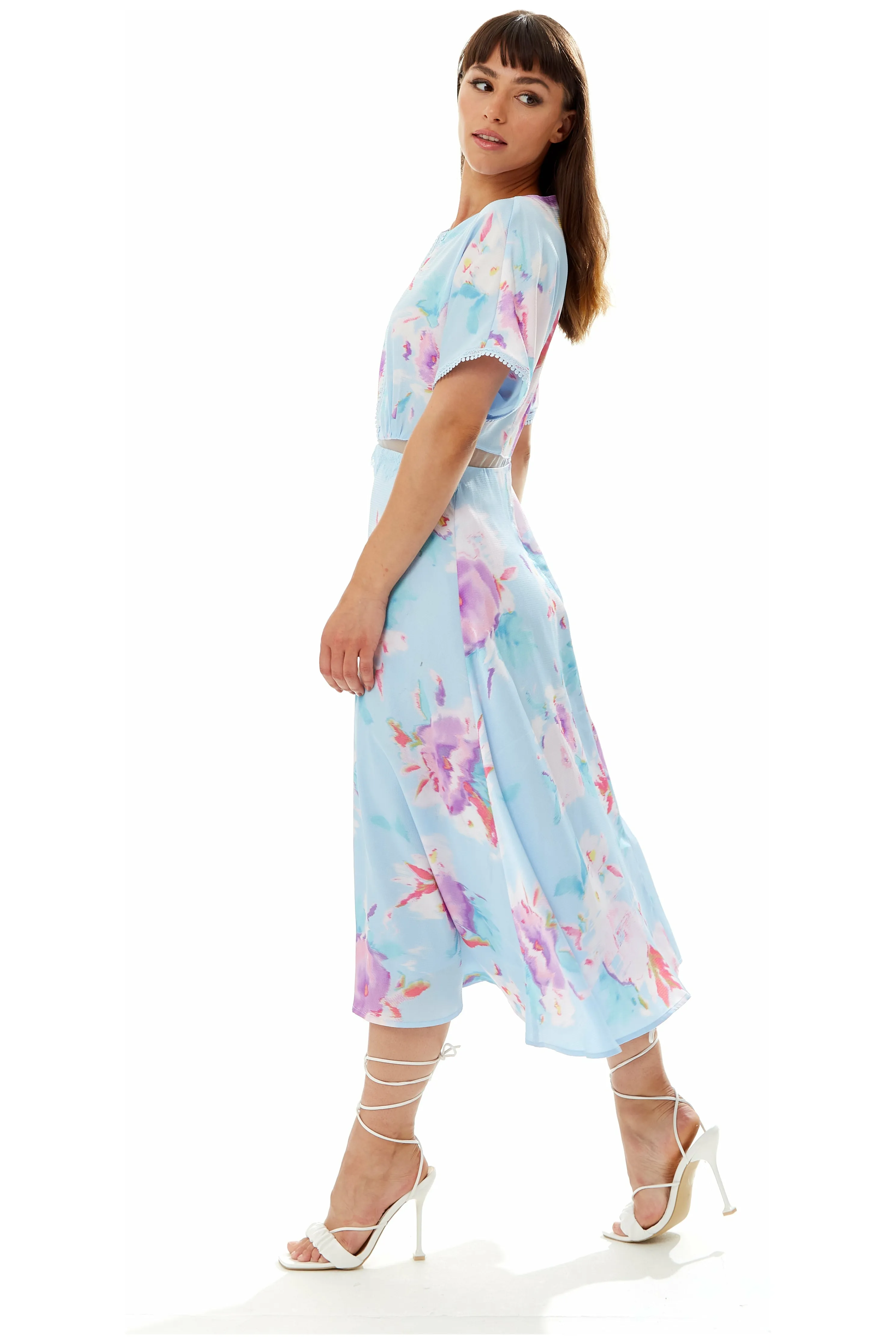 Midi Floral Print Dress With Mesh Detail In Blue by Liquorish sold by Goddiva product image thumbnail 2