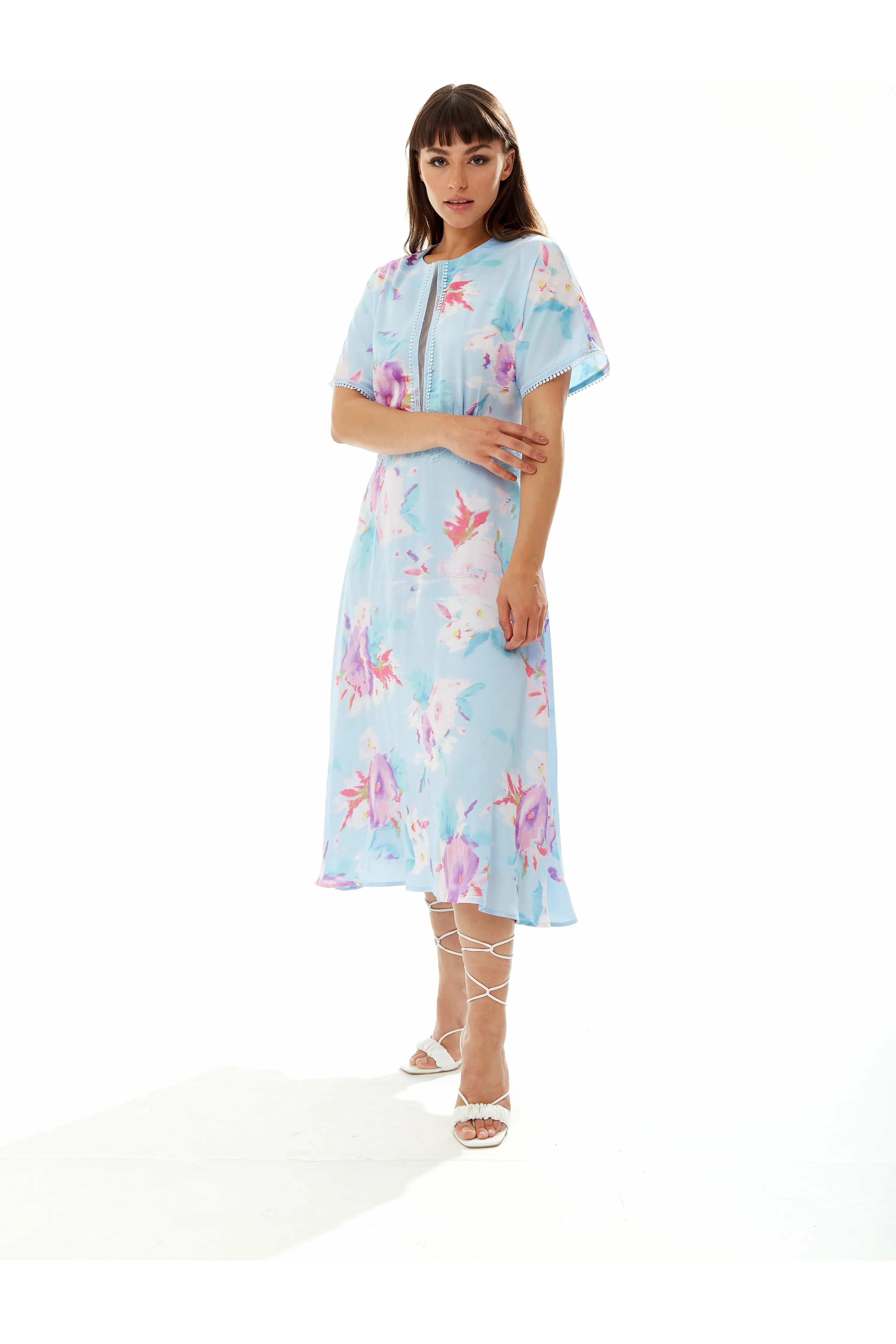 Midi Floral Print Dress With Mesh Detail In Blue by Liquorish sold by Goddiva product image thumbnail 4