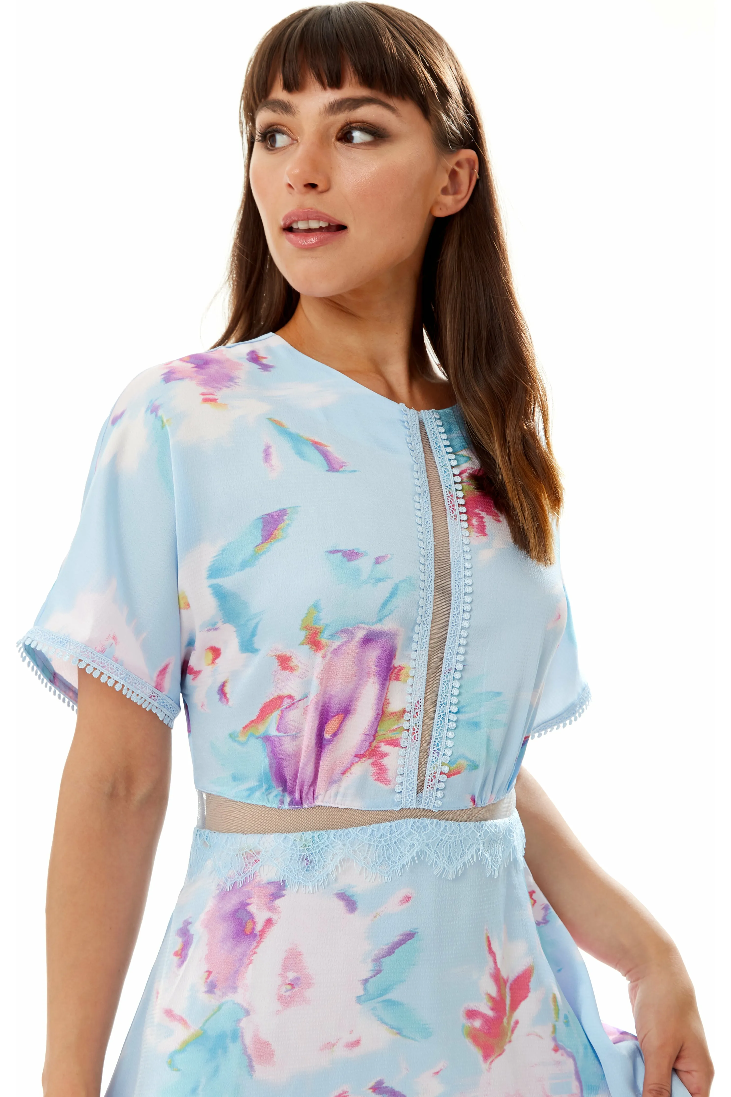 Midi Floral Print Dress With Mesh Detail In Blue by Liquorish sold by Goddiva product image thumbnail 5