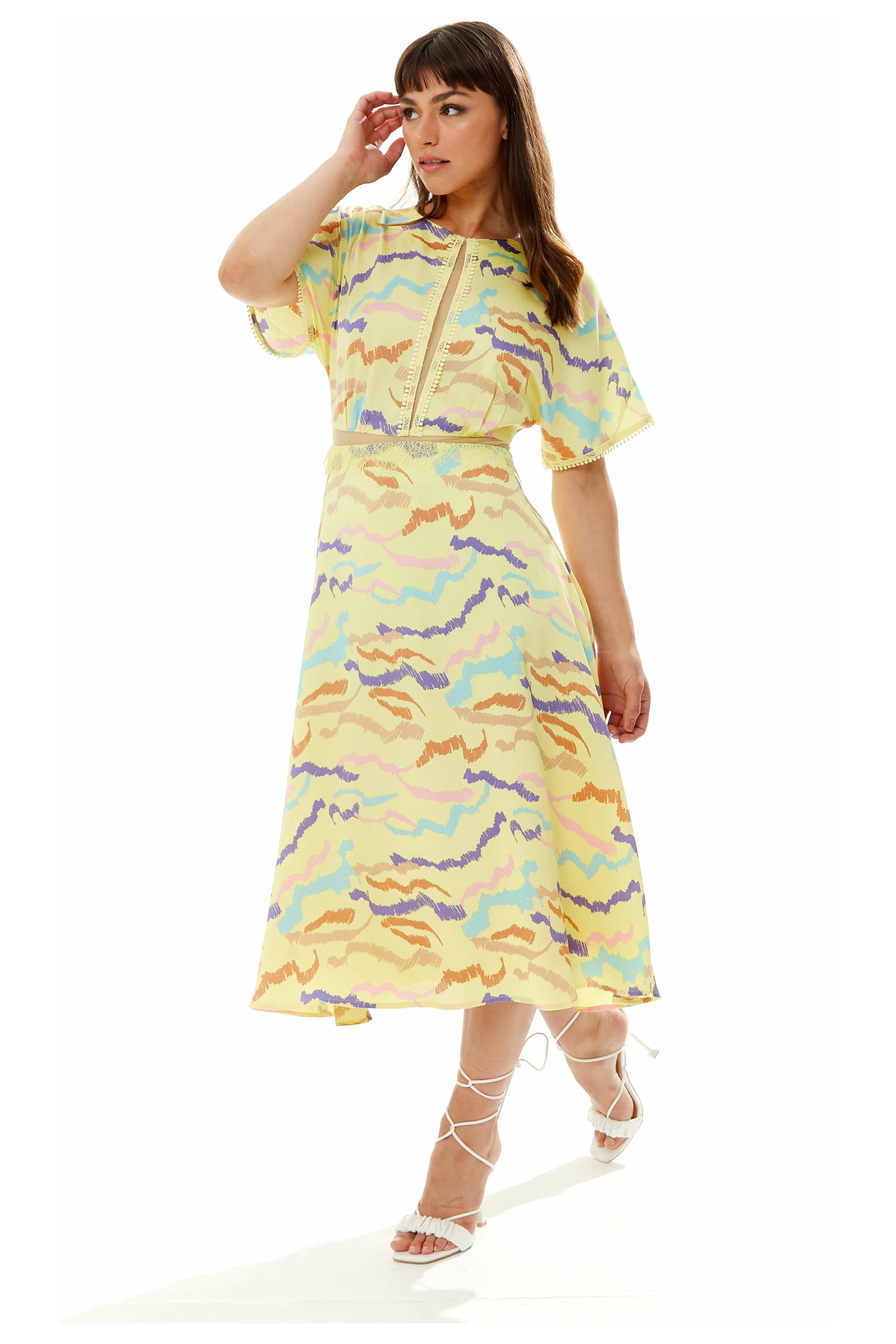 Midi Abstract Zebra Print Dress With Mesh Yellow by Liquorish sold by Goddiva product image thumbnail 3