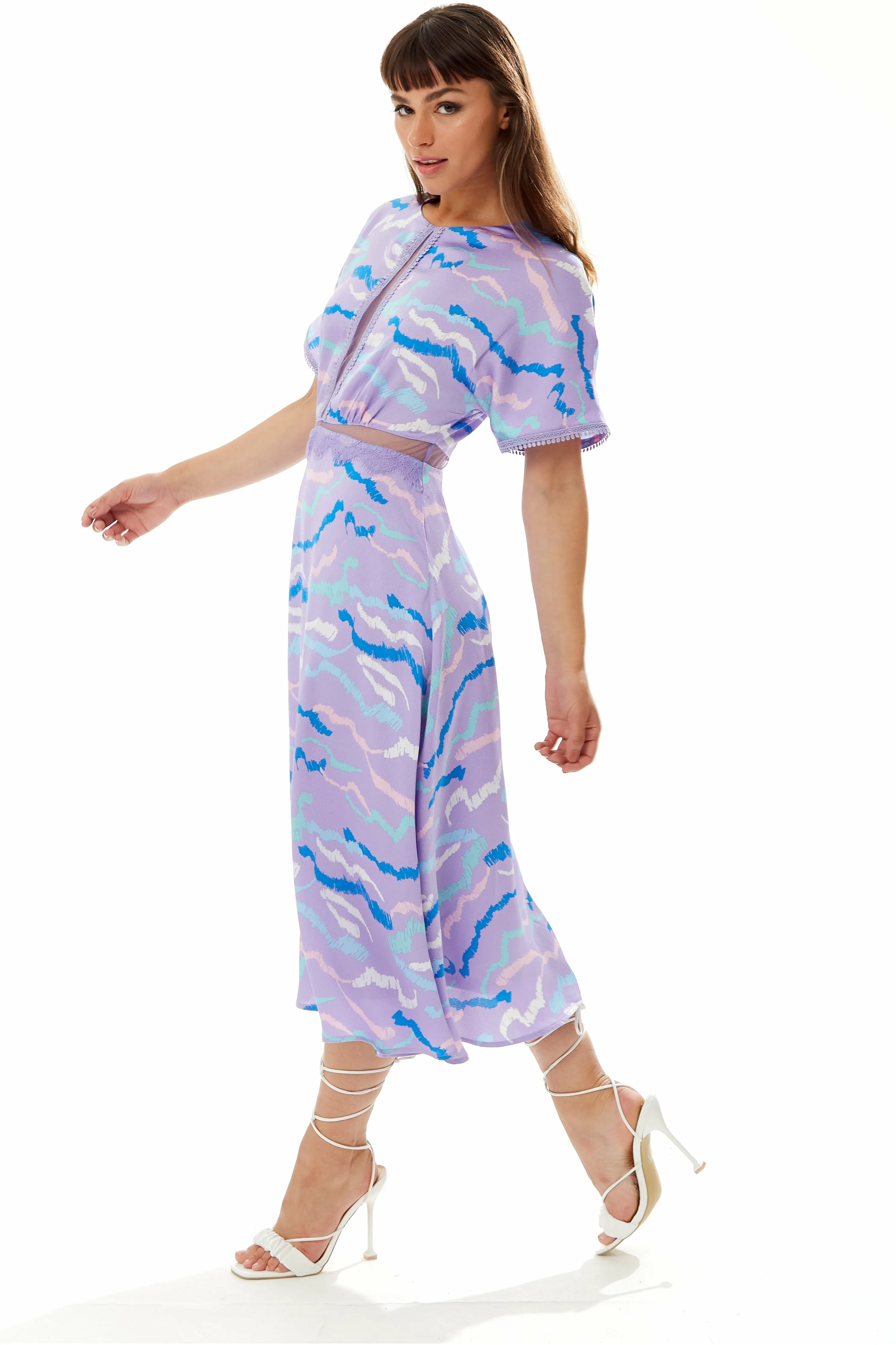 Midi Abstract Zebra Print Dress With Mesh Lilac by Liquorish sold by Goddiva product image thumbnail 3