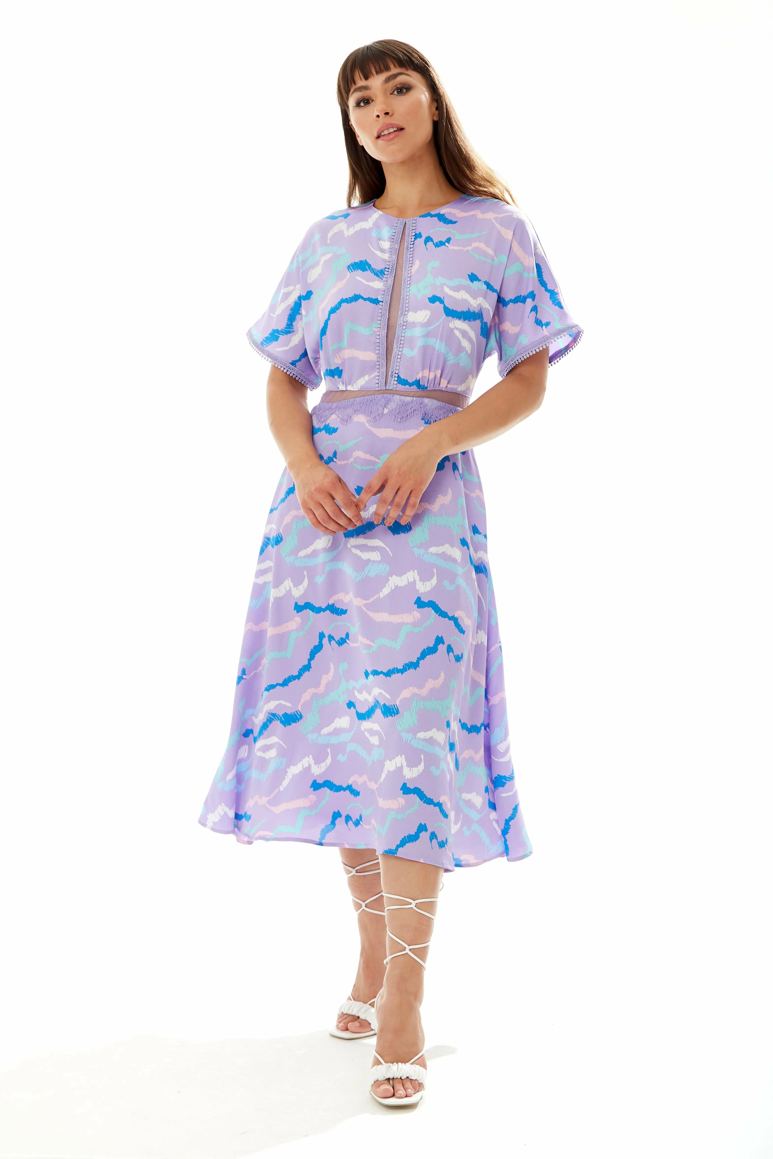 Midi Abstract Zebra Print Dress With Mesh Lilac by Liquorish sold by Goddiva