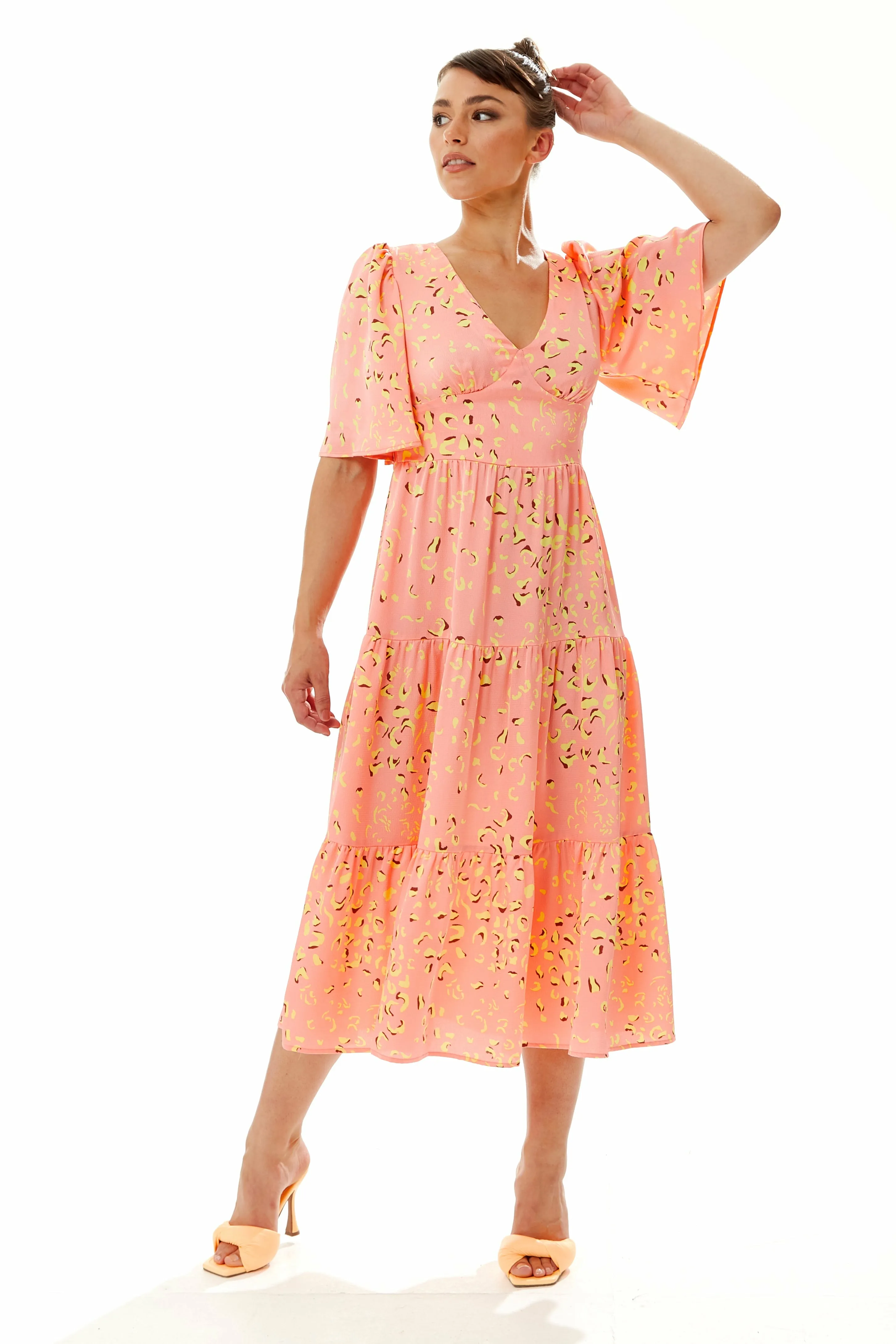 Midi Abstract Animal Print Dress In Peach by Liquorish sold by Goddiva