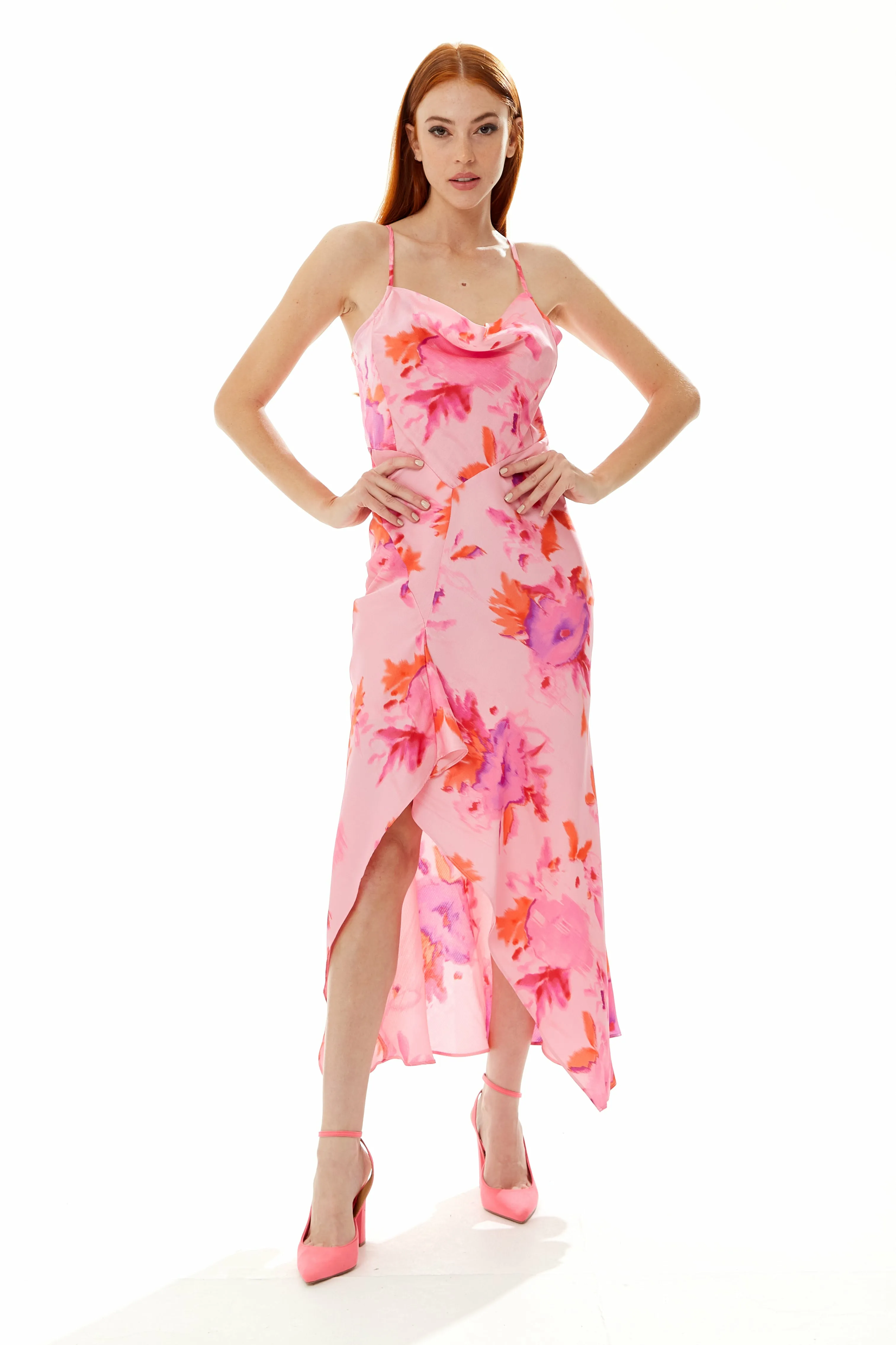 Liquorish Cowl Neck Maxi Floral Print Dress In Pink sold by Goddiva