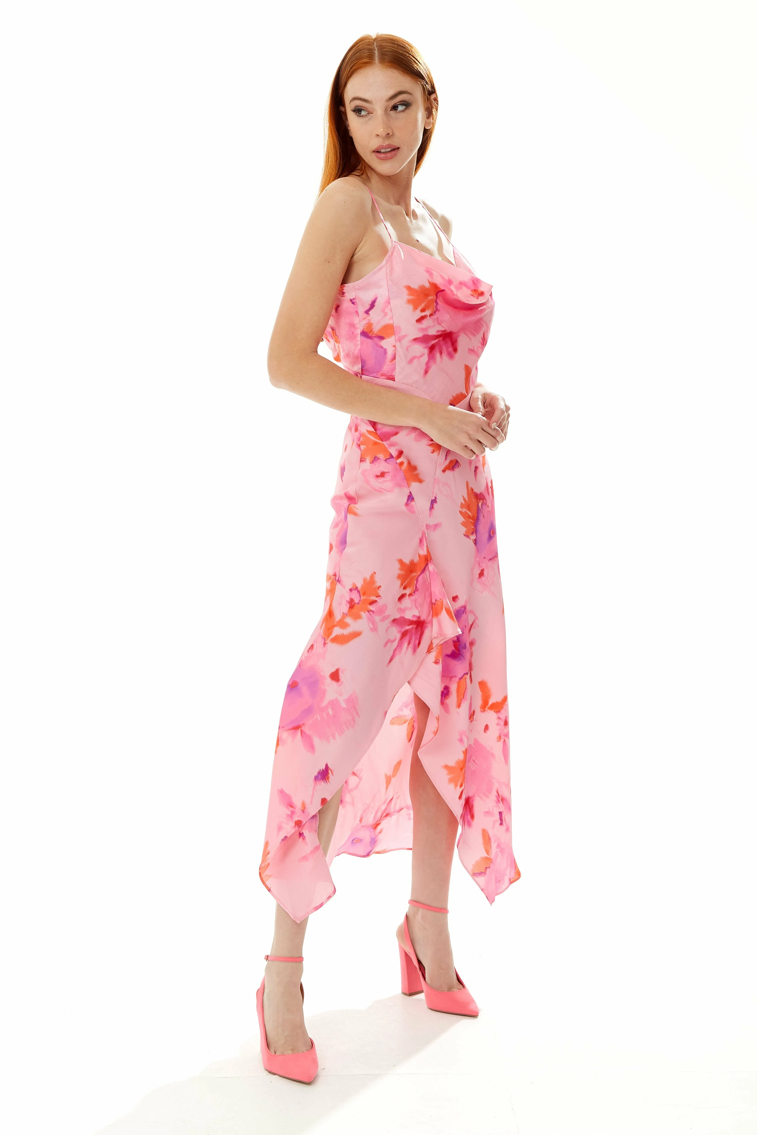 Liquorish Cowl Neck Maxi Floral Print Dress In Pink sold by Goddiva product image thumbnail 2