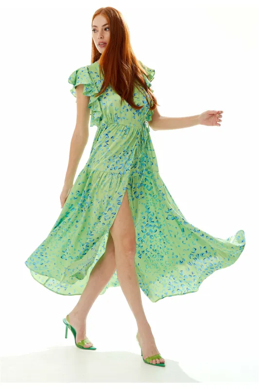 Animal Print Maxi Wrap Dress In Sage by Liquorish sold by Goddiva