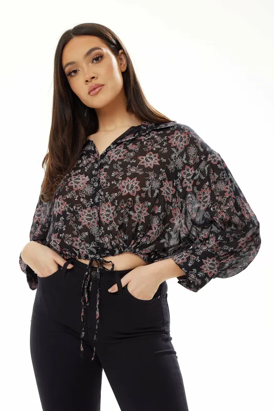 Liquorish Floral Print Crop Shirt In Black sold by Goddiva