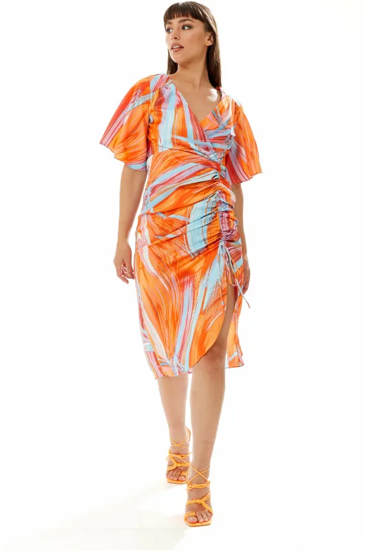 Rouching Abstract Brush Stroke Print Midi Dress by Liquorish sold by Goddiva
