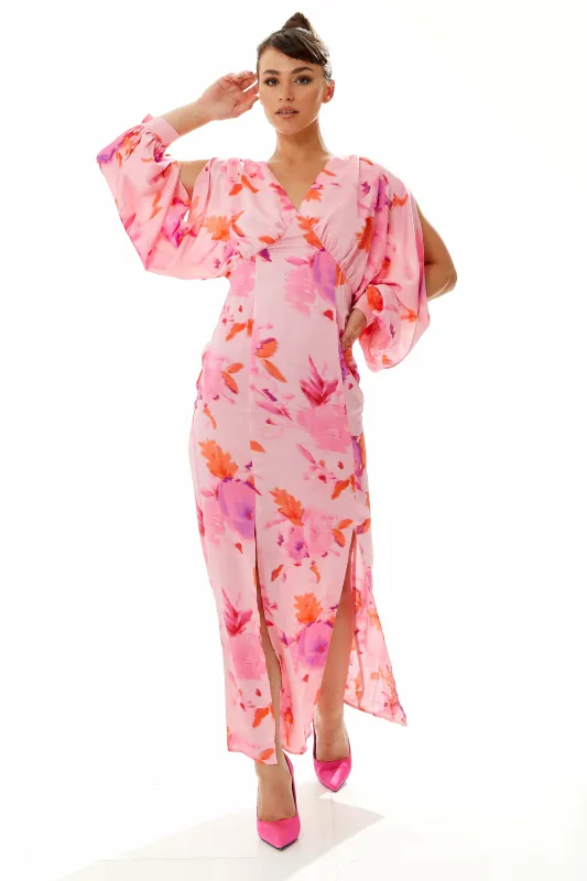 Floral Print Maxi Dress In Pink With Sleeve Slits by Liquorish sold by Goddiva