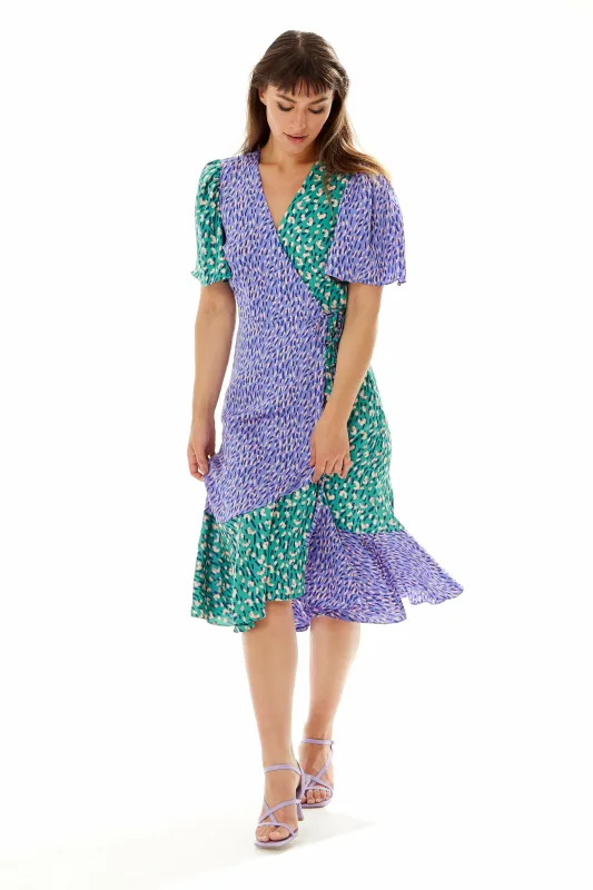 Multi Print Midi Wrap Dress In Contrast Colours by Liquorish sold by Goddiva