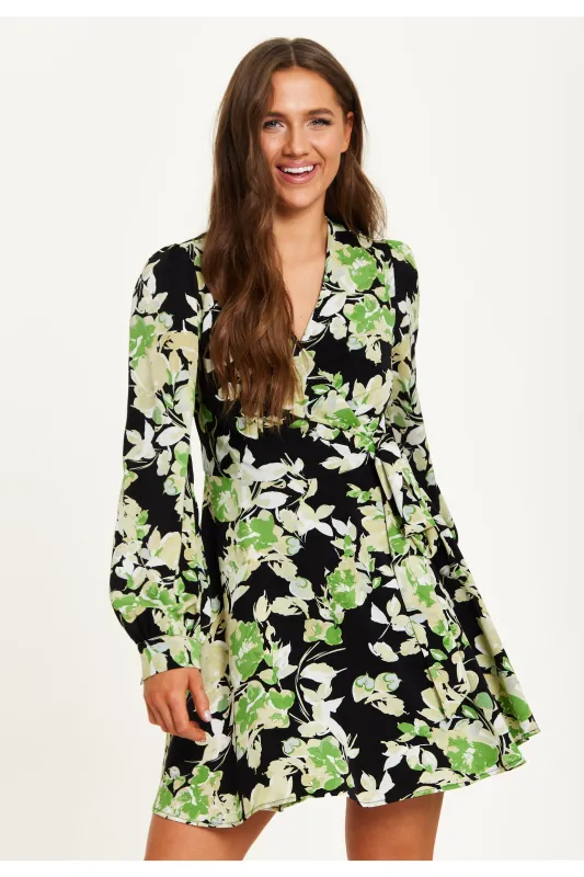 Green Floral Print Mini Wrap Dress by Liquorish sold by Goddiva