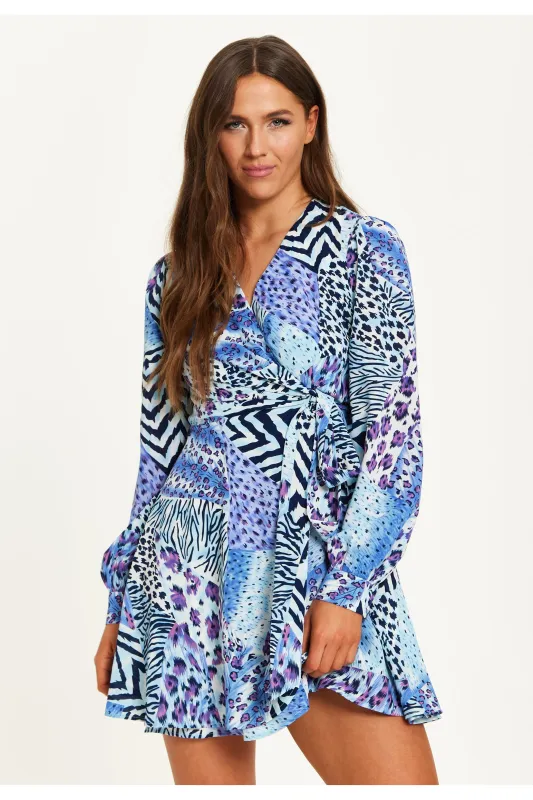 Mixed Animal Print Mini Wrap Dress by Liquorish sold by Goddiva
