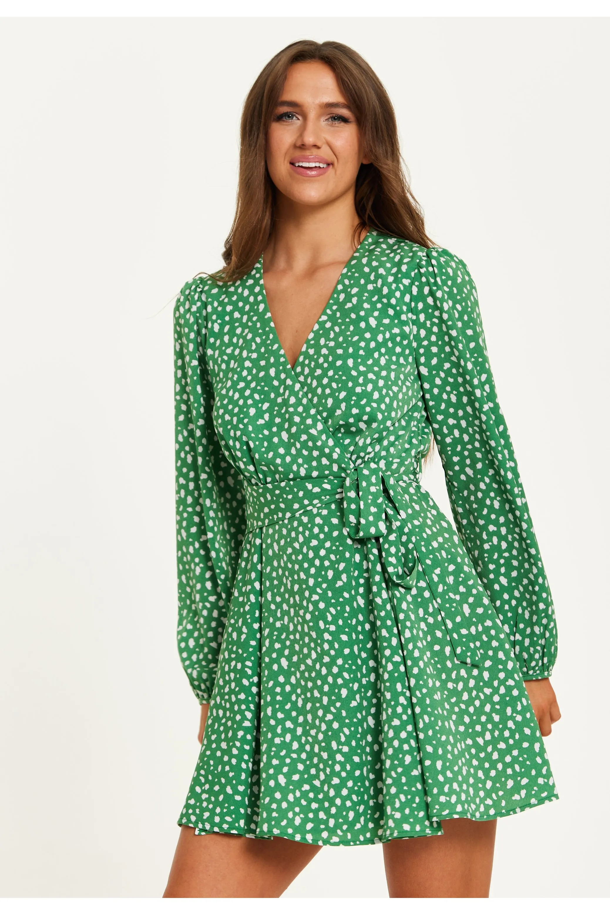 Liquorish Animal Print Mini Wrap Dress sold by Goddiva