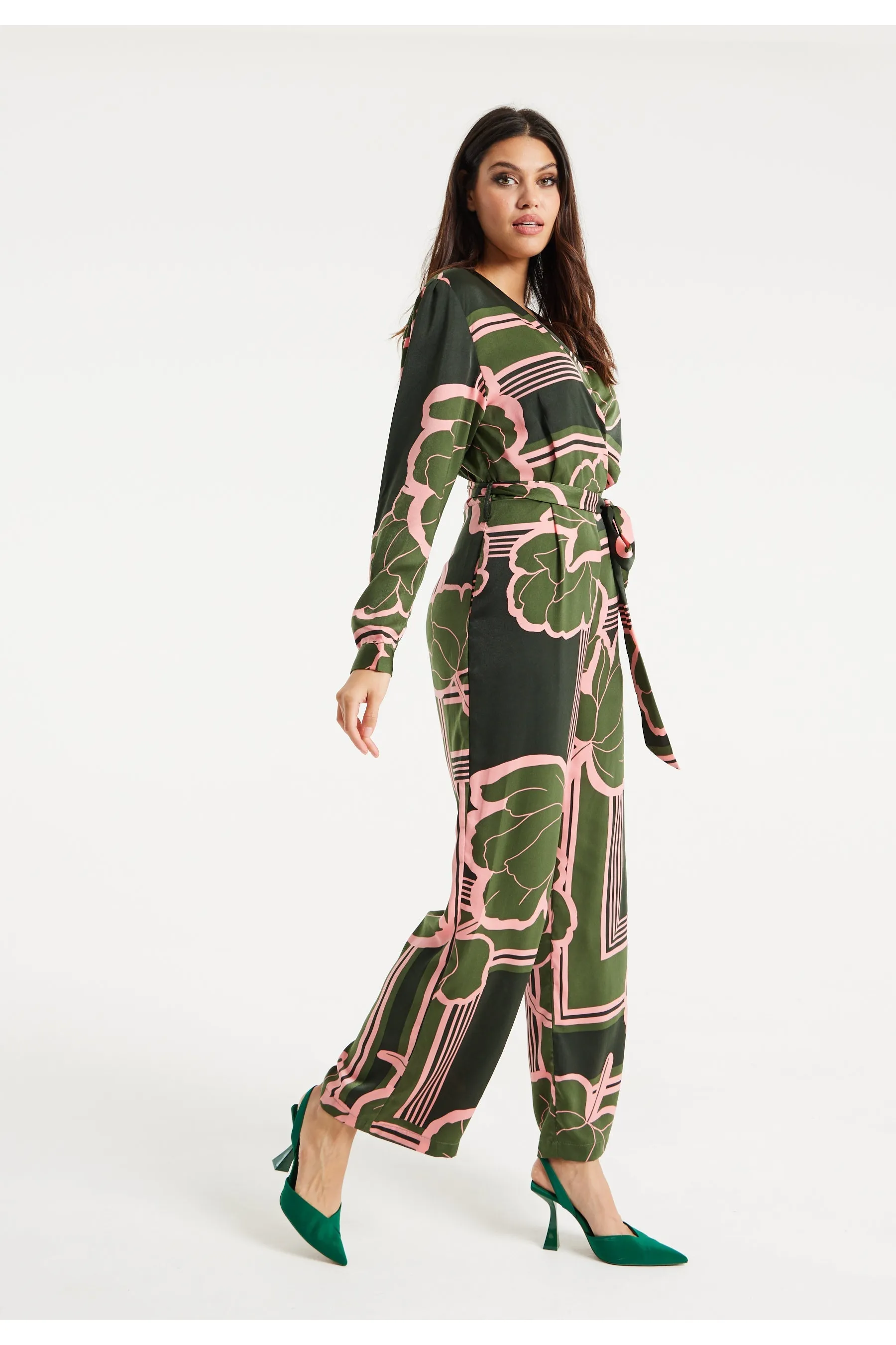 Geometric Floral Print Jumpsuit In Dark Green by Liquorish sold by Goddiva product image thumbnail 2