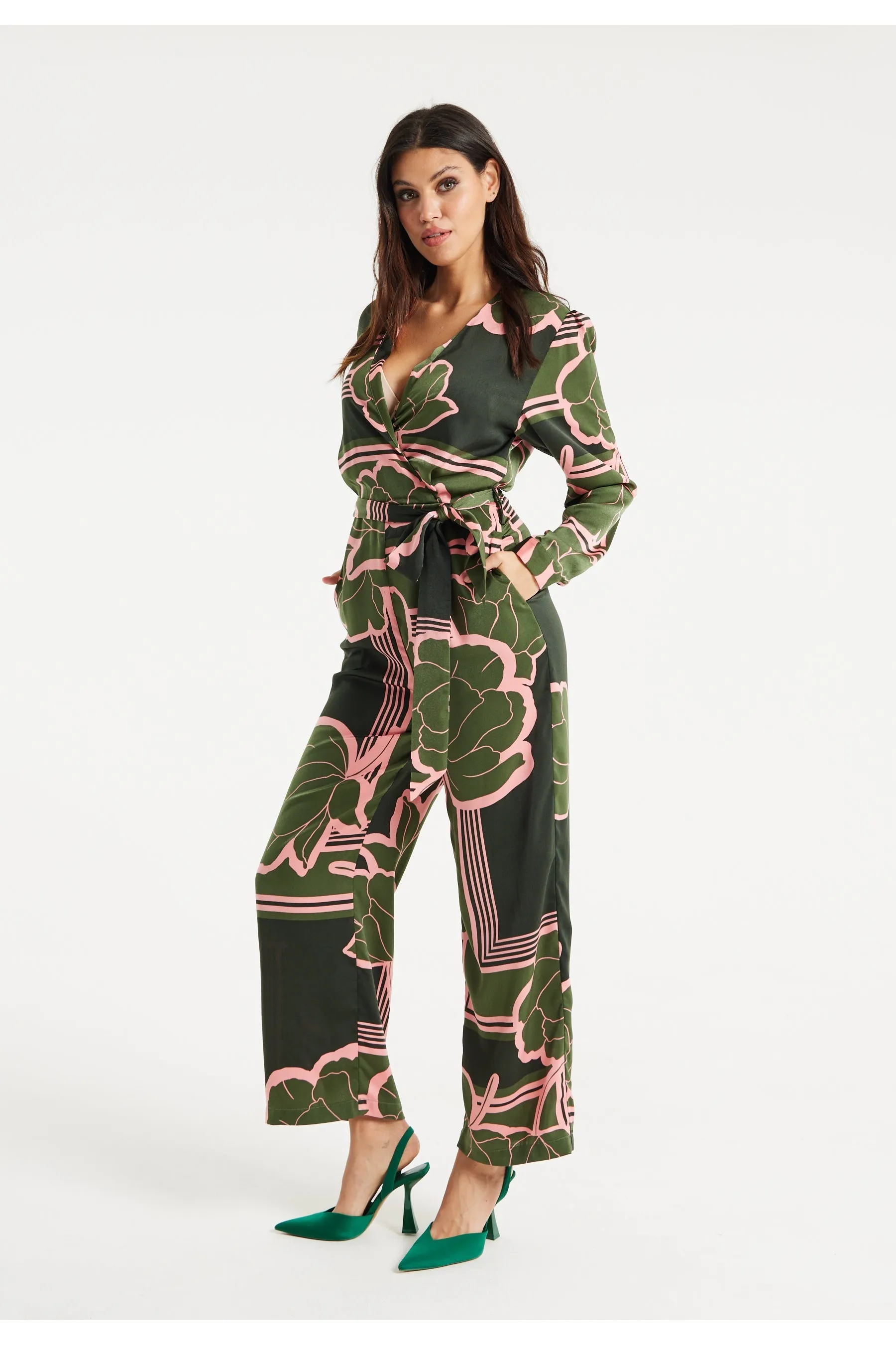Geometric Floral Print Jumpsuit In Dark Green by Liquorish sold by Goddiva product image thumbnail 3