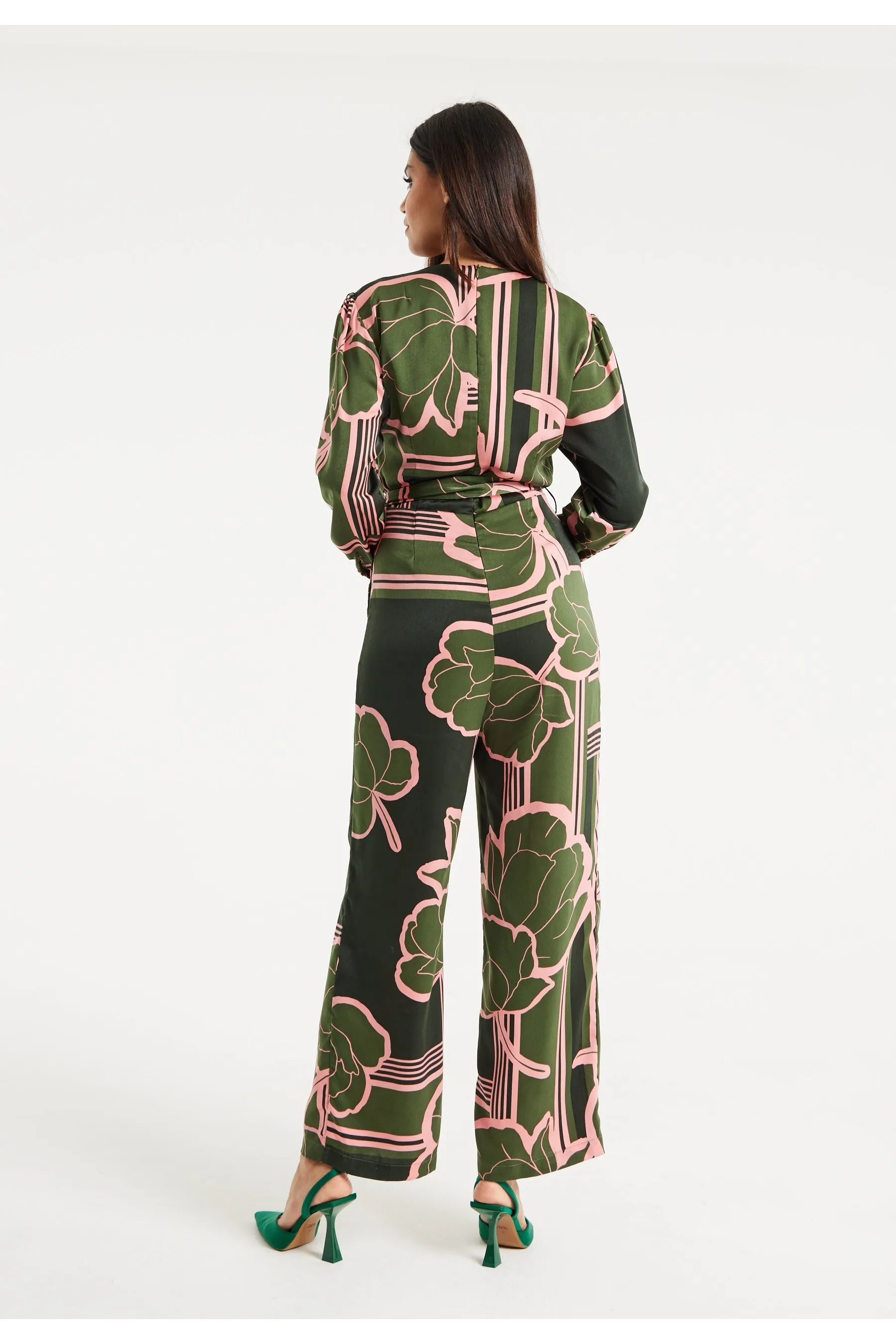 Geometric Floral Print Jumpsuit In Dark Green by Liquorish sold by Goddiva product image thumbnail 4