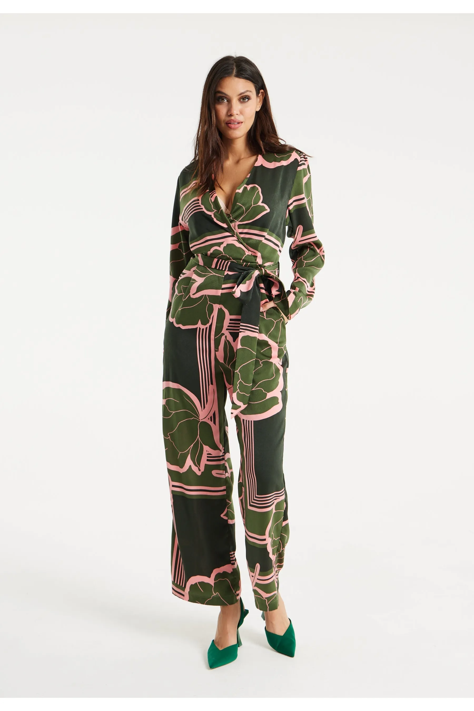 Geometric Floral Print Jumpsuit In Dark Green by Liquorish sold by Goddiva