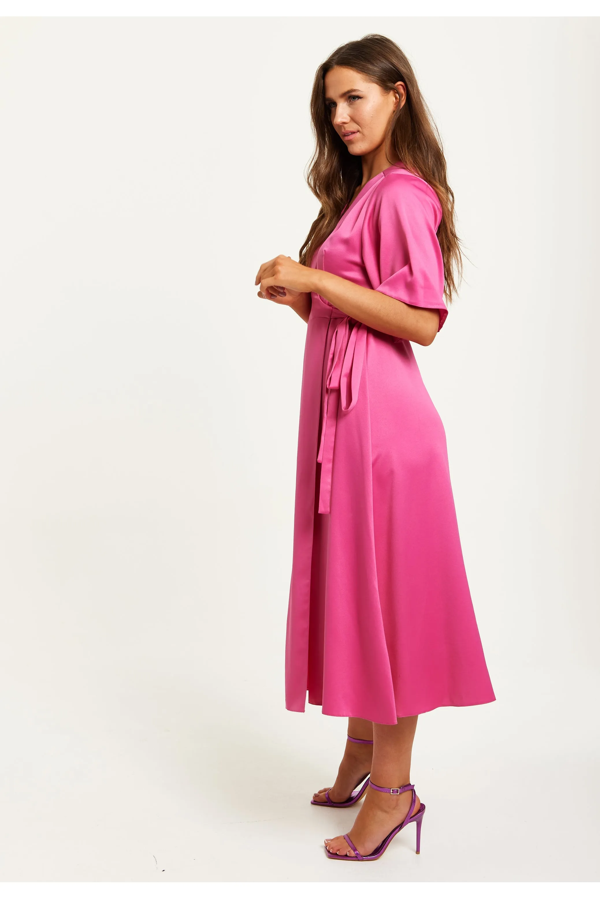 Pink Midi Wrap Dress With Kimono Sleeves by Liquorish sold by Goddiva product image thumbnail 3