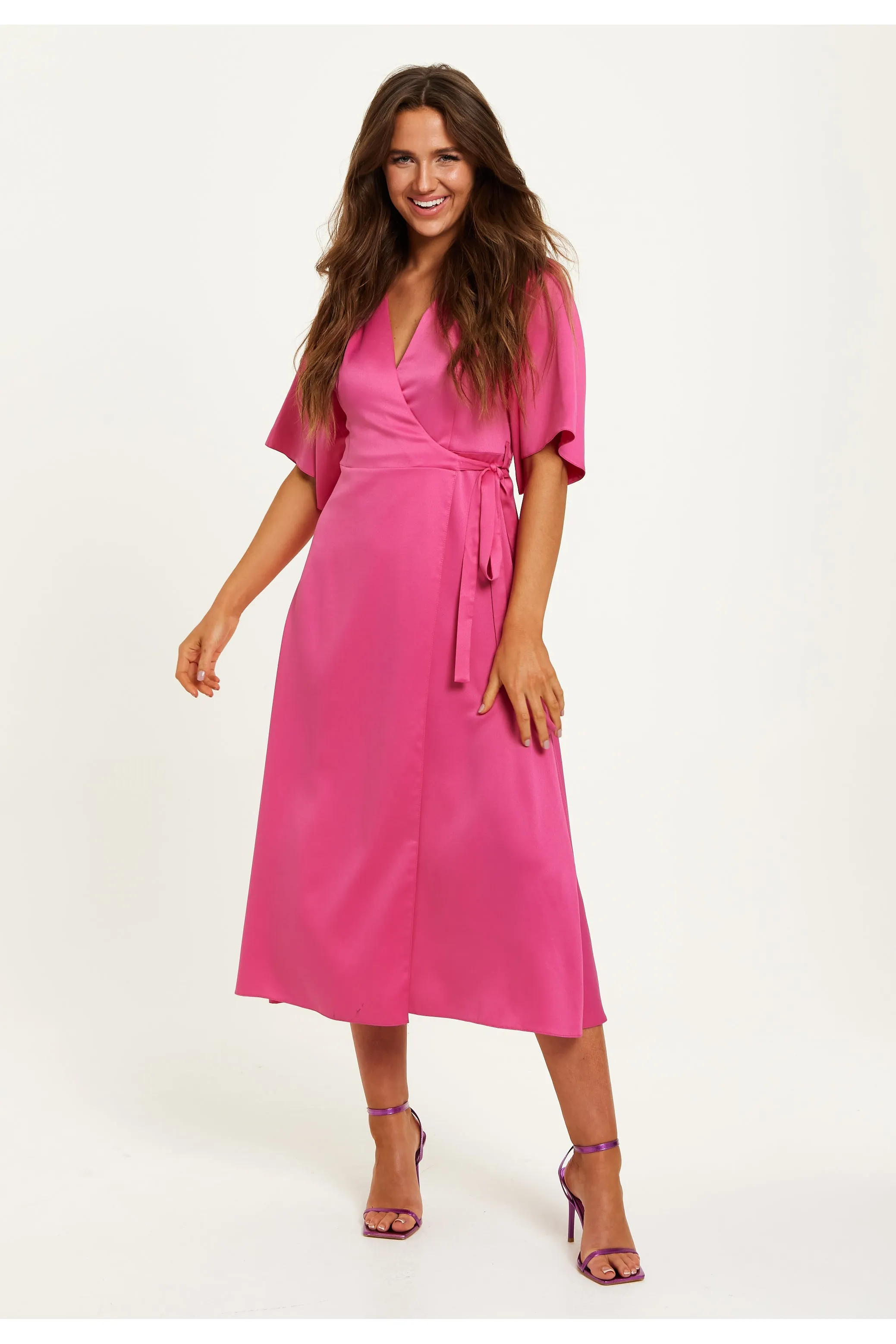 Pink Midi Wrap Dress With Kimono Sleeves by Liquorish sold by Goddiva
