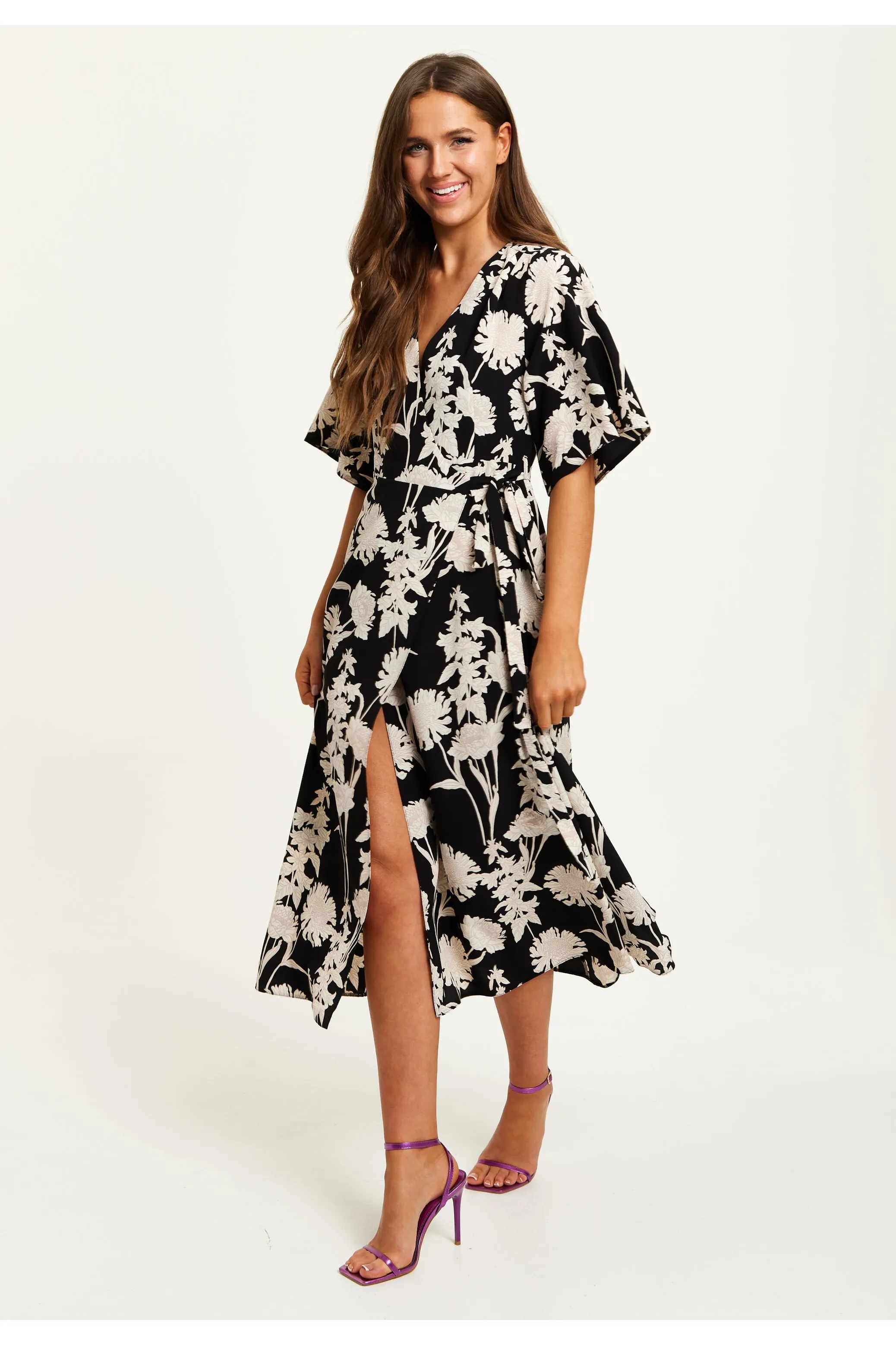 Liquorish Floral Print Midi Wrap Dress With Kimono Sleeves sold by Goddiva