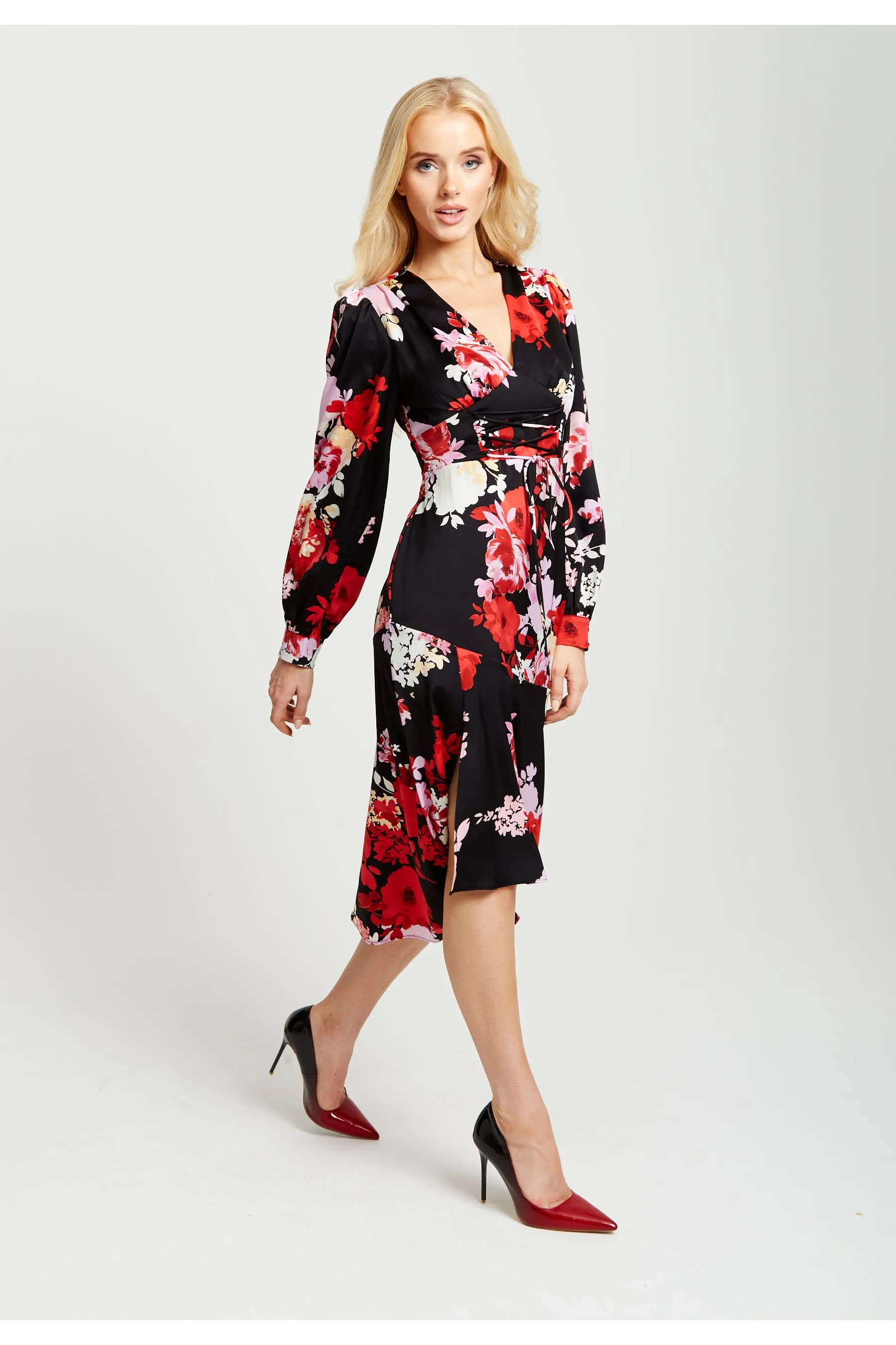 Rose Print Midi Lace Up Dress In Red And Pink by Liquorish sold by Goddiva product image thumbnail 3