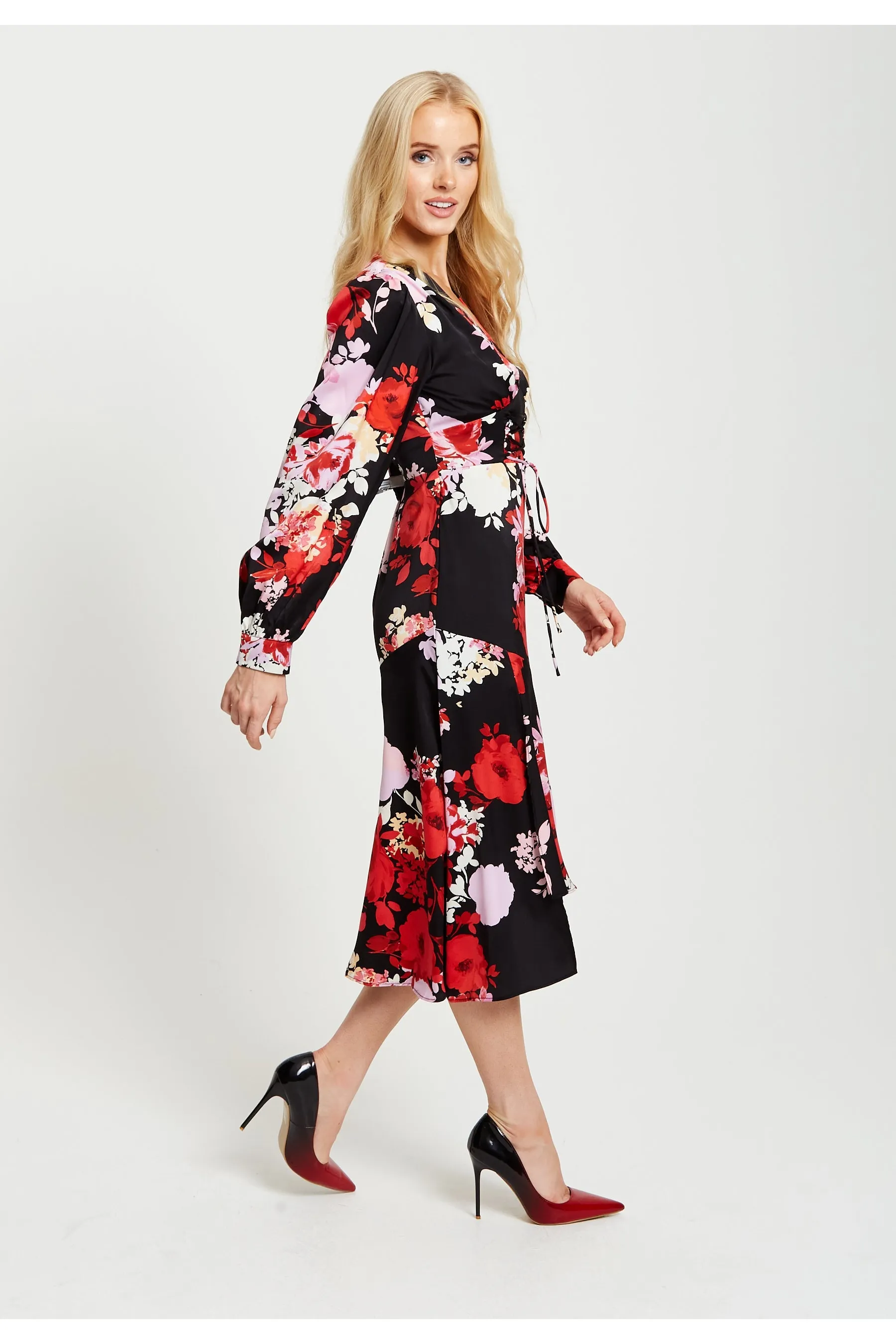 Rose Print Midi Lace Up Dress In Red And Pink by Liquorish sold by Goddiva product image thumbnail 4