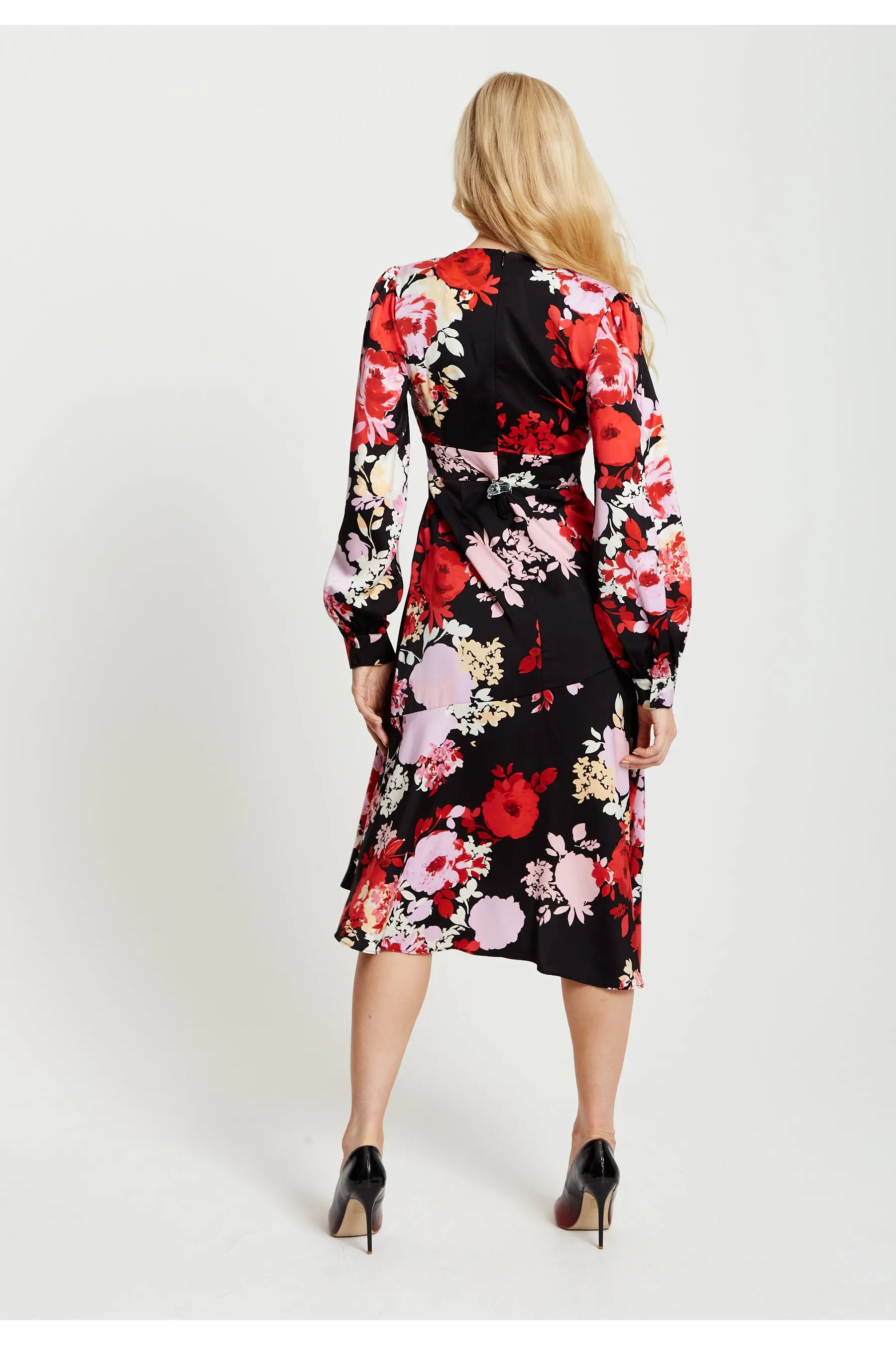 Rose Print Midi Lace Up Dress In Red And Pink by Liquorish sold by Goddiva product image thumbnail 5