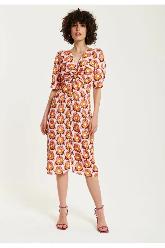 Orange Floral Knot Front Midi Dress by Liquorish sold by Goddiva