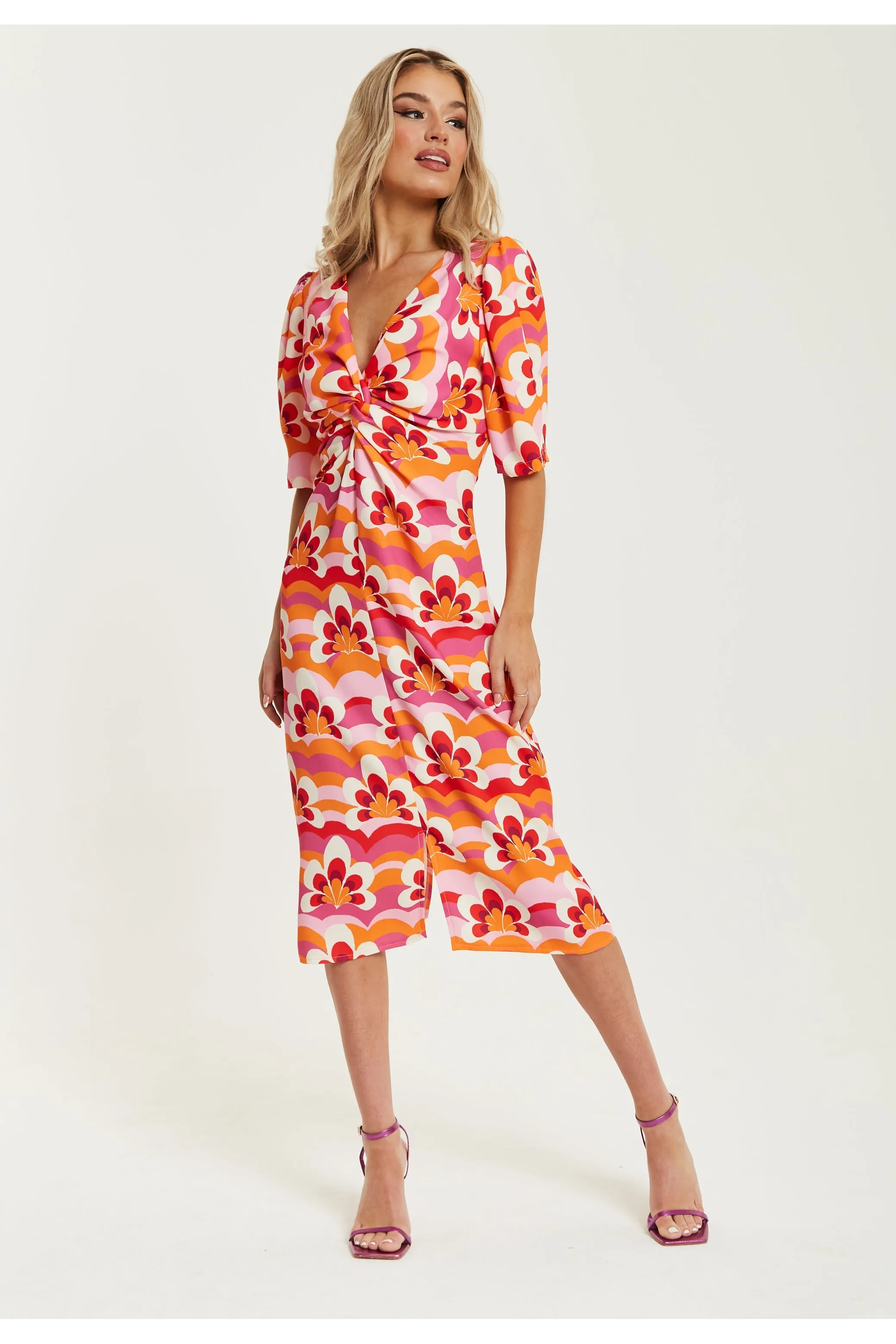 Floral Knot Front Midi Dress In Orange And Pink by Liquorish sold by Goddiva product image thumbnail 3