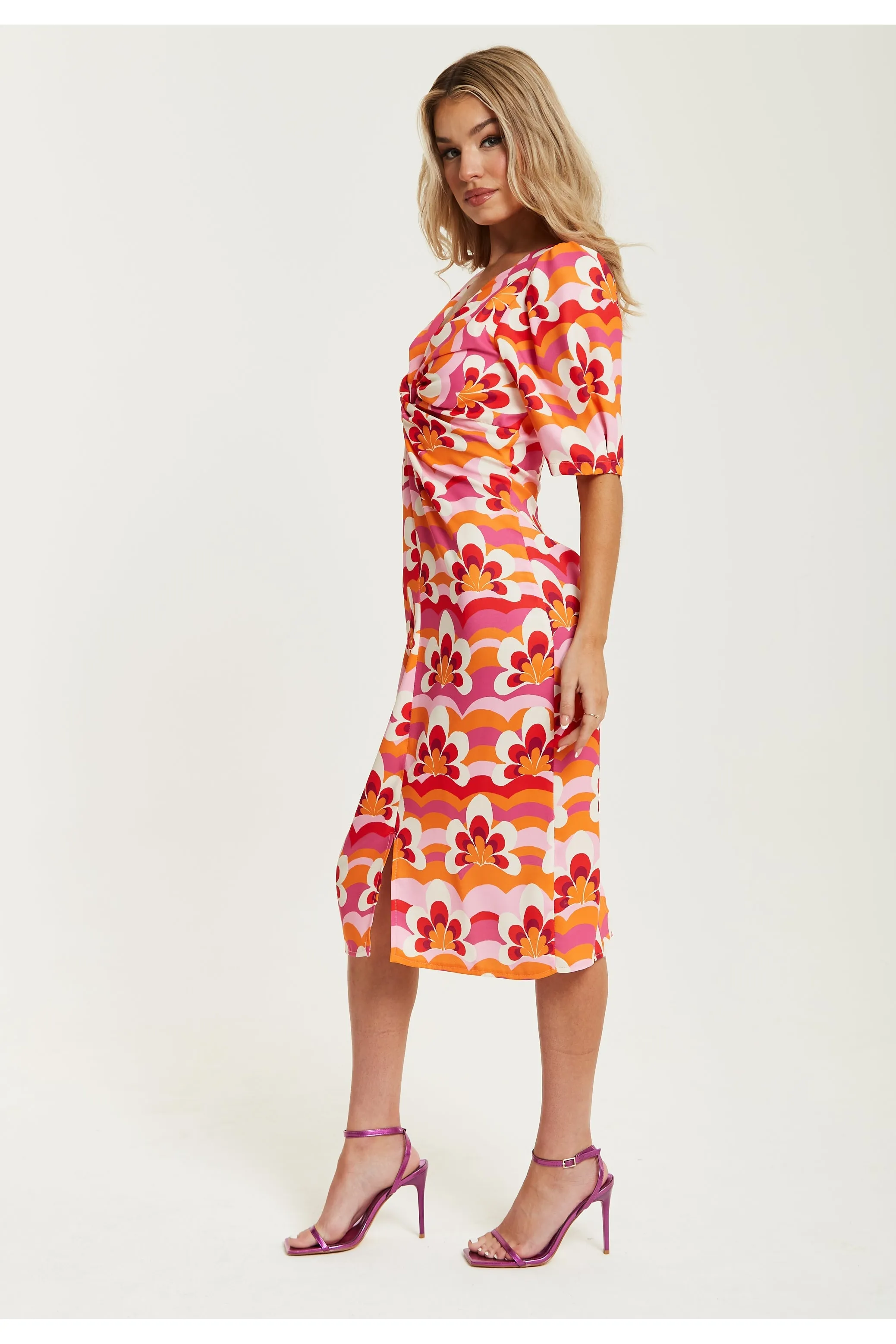 Floral Knot Front Midi Dress In Orange And Pink by Liquorish sold by Goddiva product image thumbnail 4