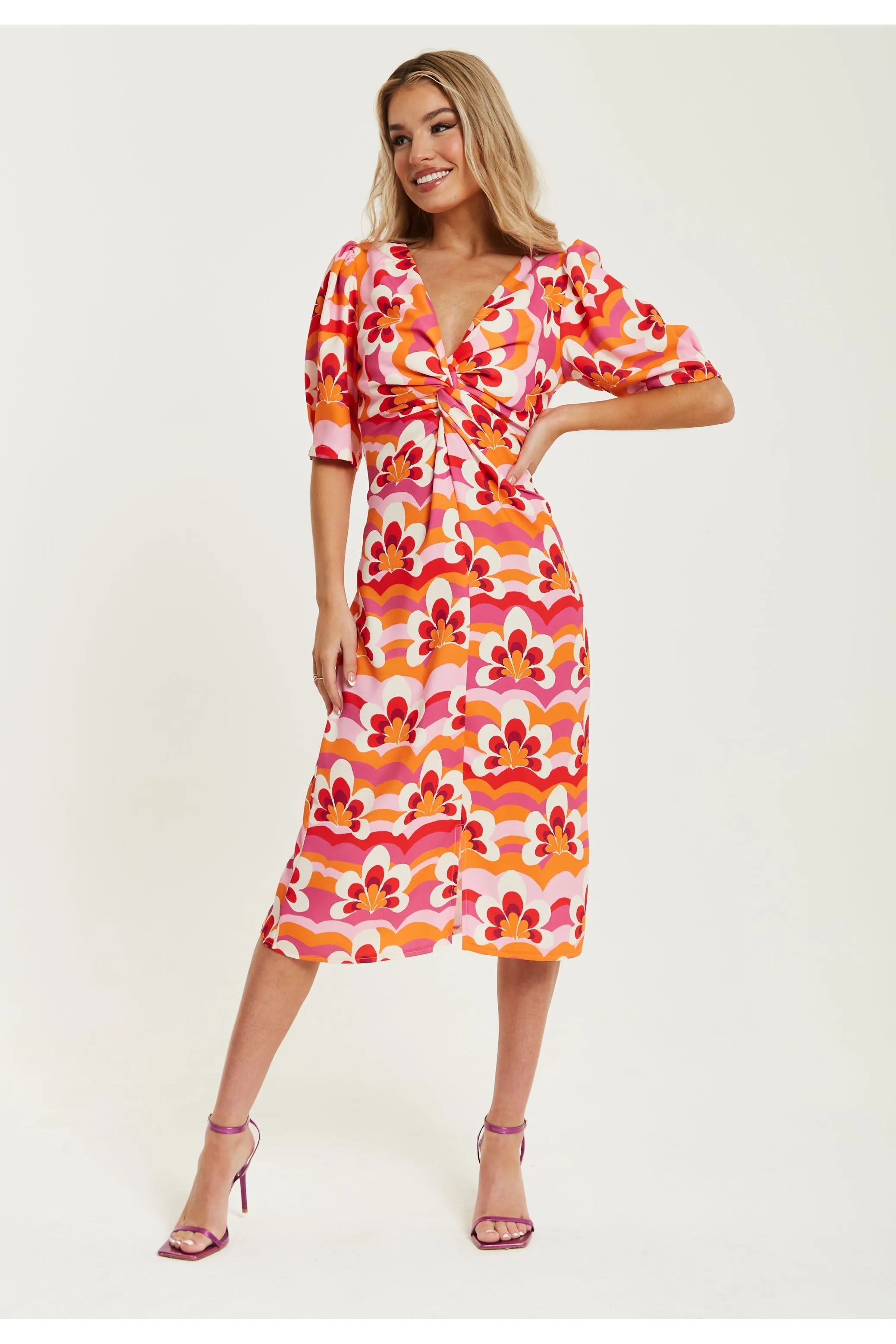 Floral Knot Front Midi Dress In Orange And Pink by Liquorish sold by Goddiva