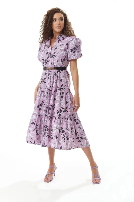 Floral Print Button Up Midi Dress In Lilac by Liquorish sold by Goddiva