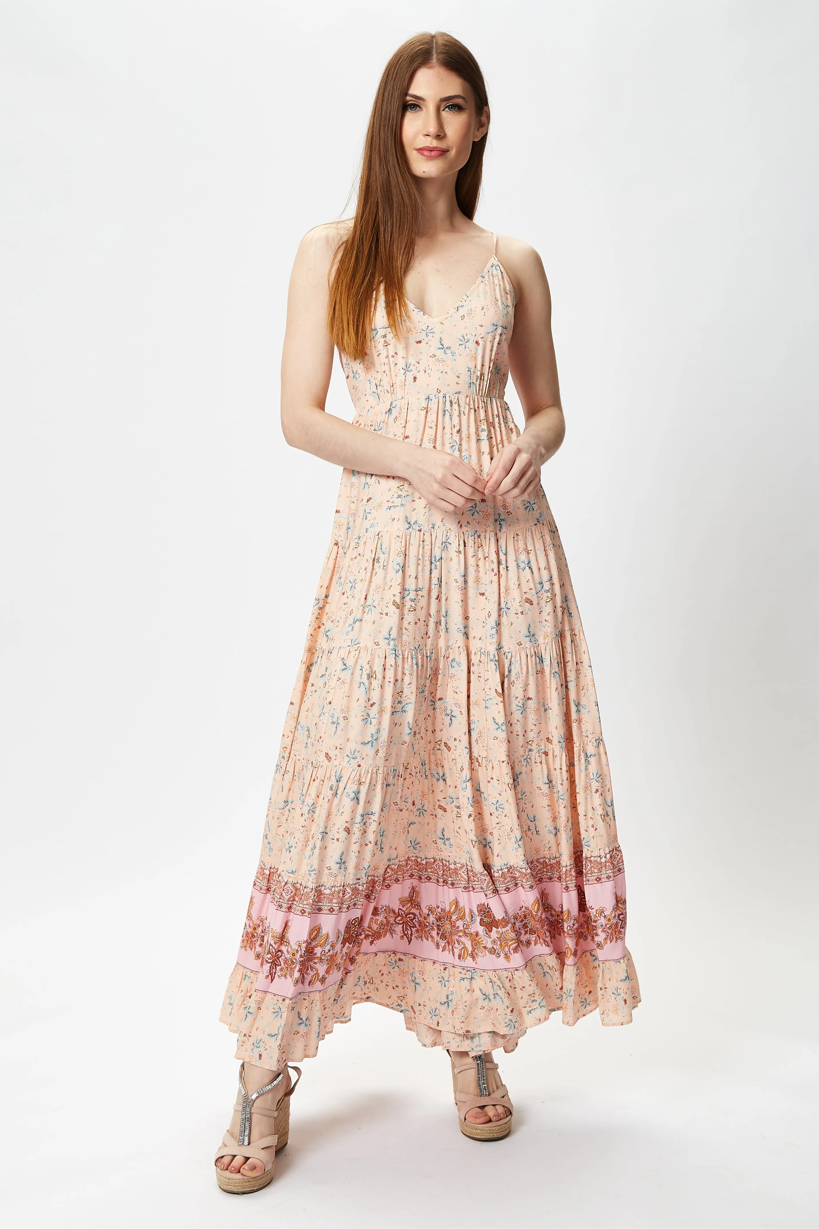 Liquorish Cami Maxi Dress In Nude Floral Print sold by Goddiva