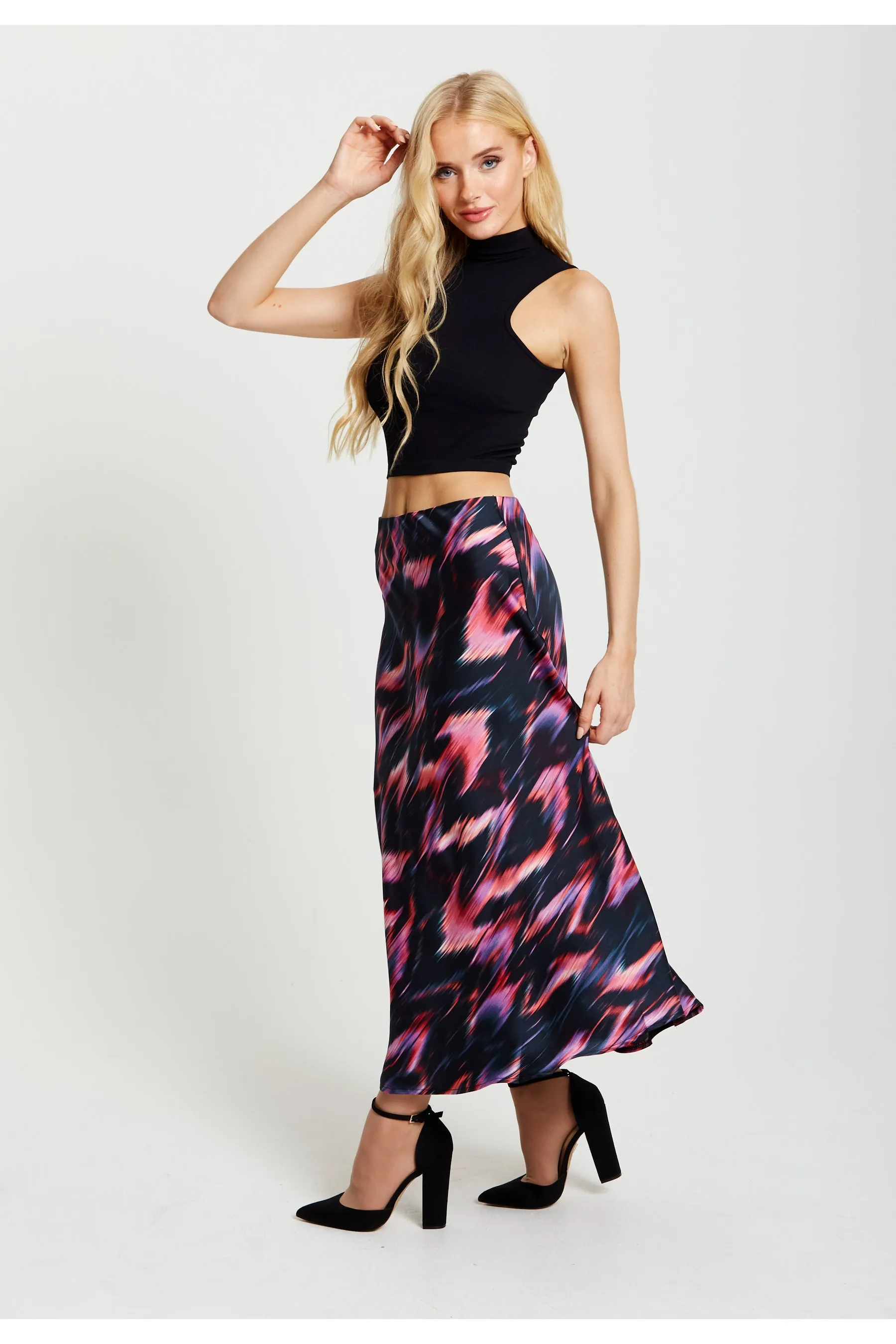 Liquorish Abstract Ikat Print Midi Skirt In Black And Pink sold by Goddiva product image thumbnail 4