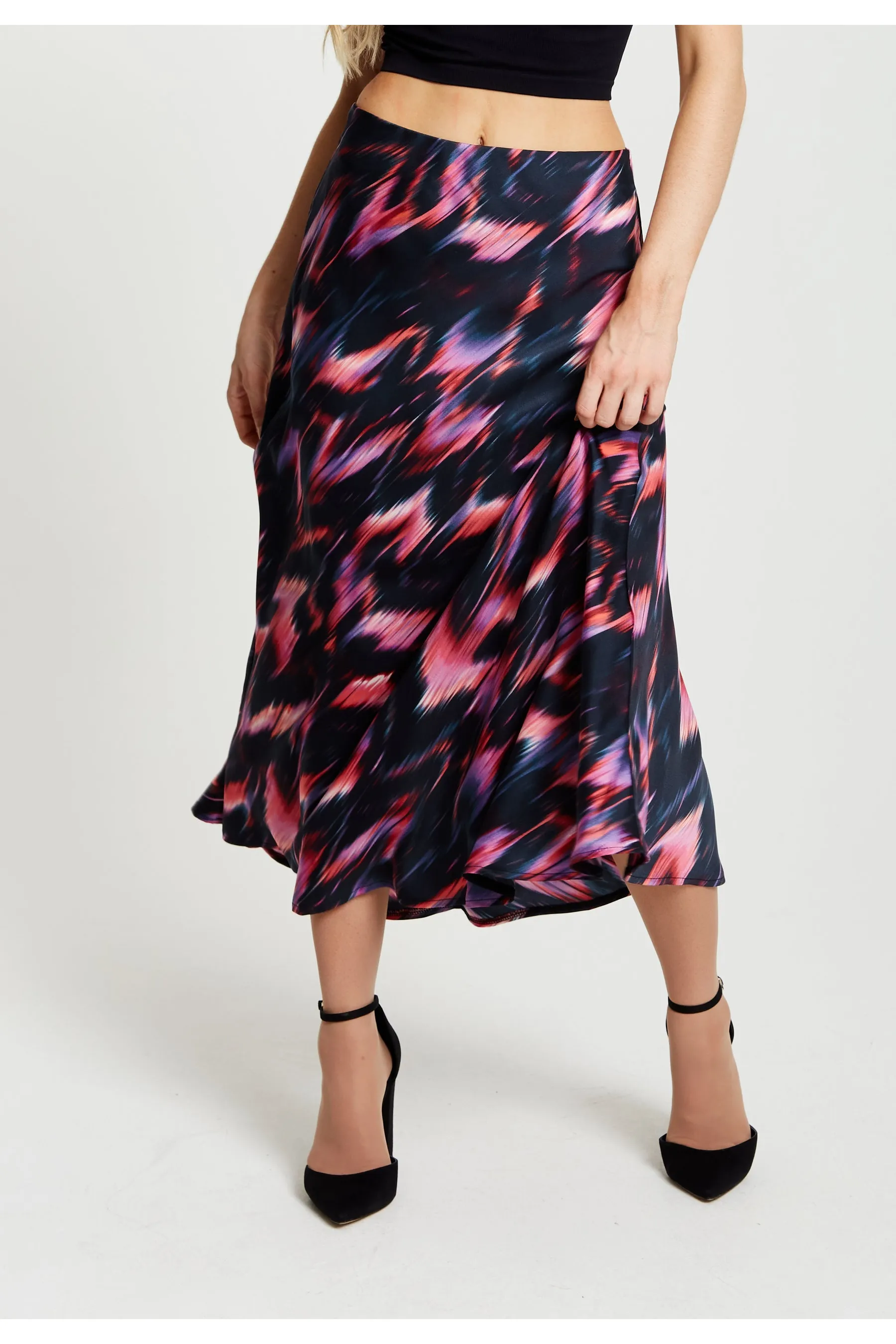Liquorish Abstract Ikat Print Midi Skirt In Black And Pink sold by Goddiva product image thumbnail 2