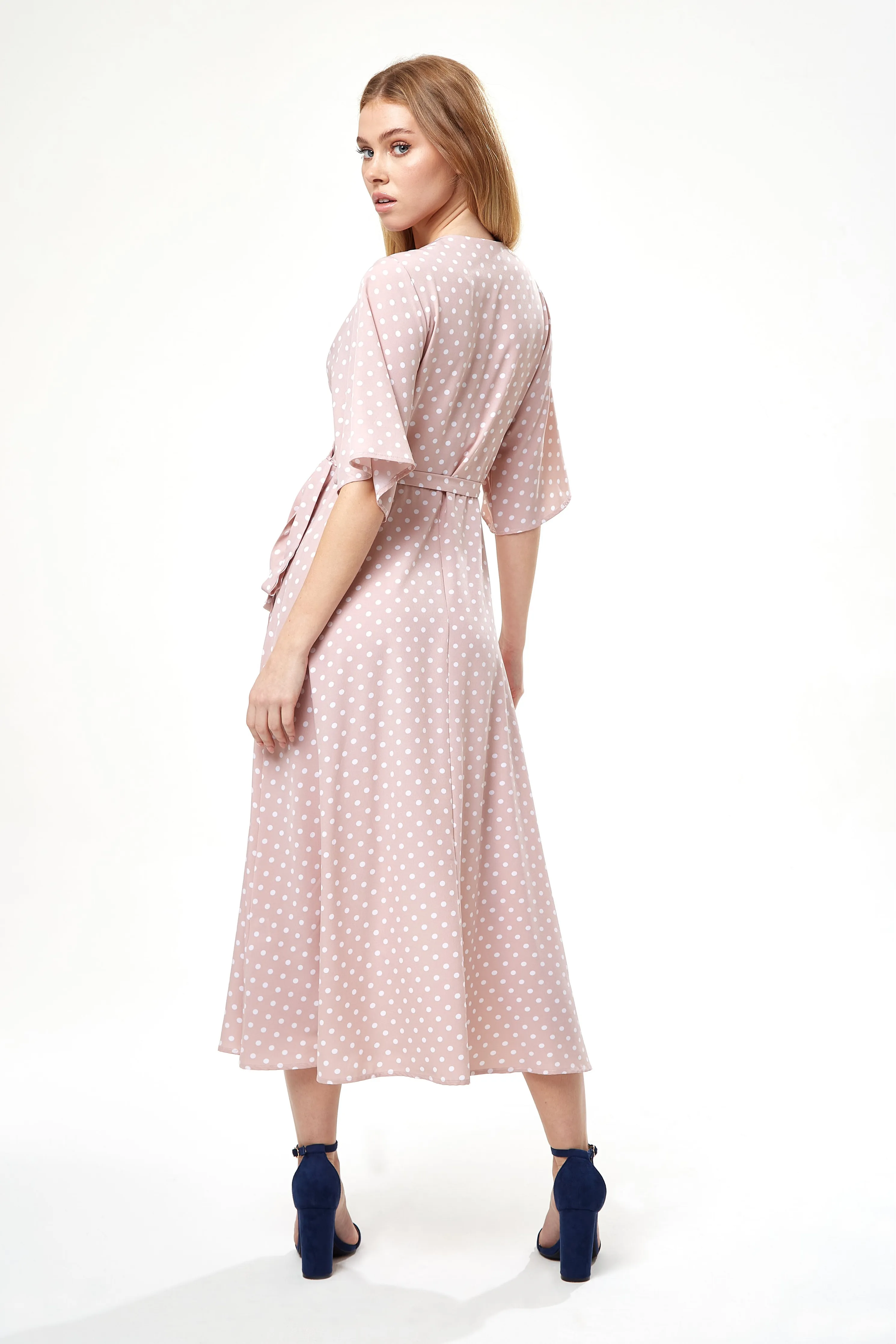 Liquorish Polka Dot Midi Wrap Dress In Light Pink sold by Goddiva product image thumbnail 3