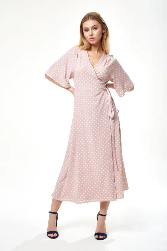 Liquorish Polka Dot Midi Wrap Dress In Light Pink sold by Goddiva