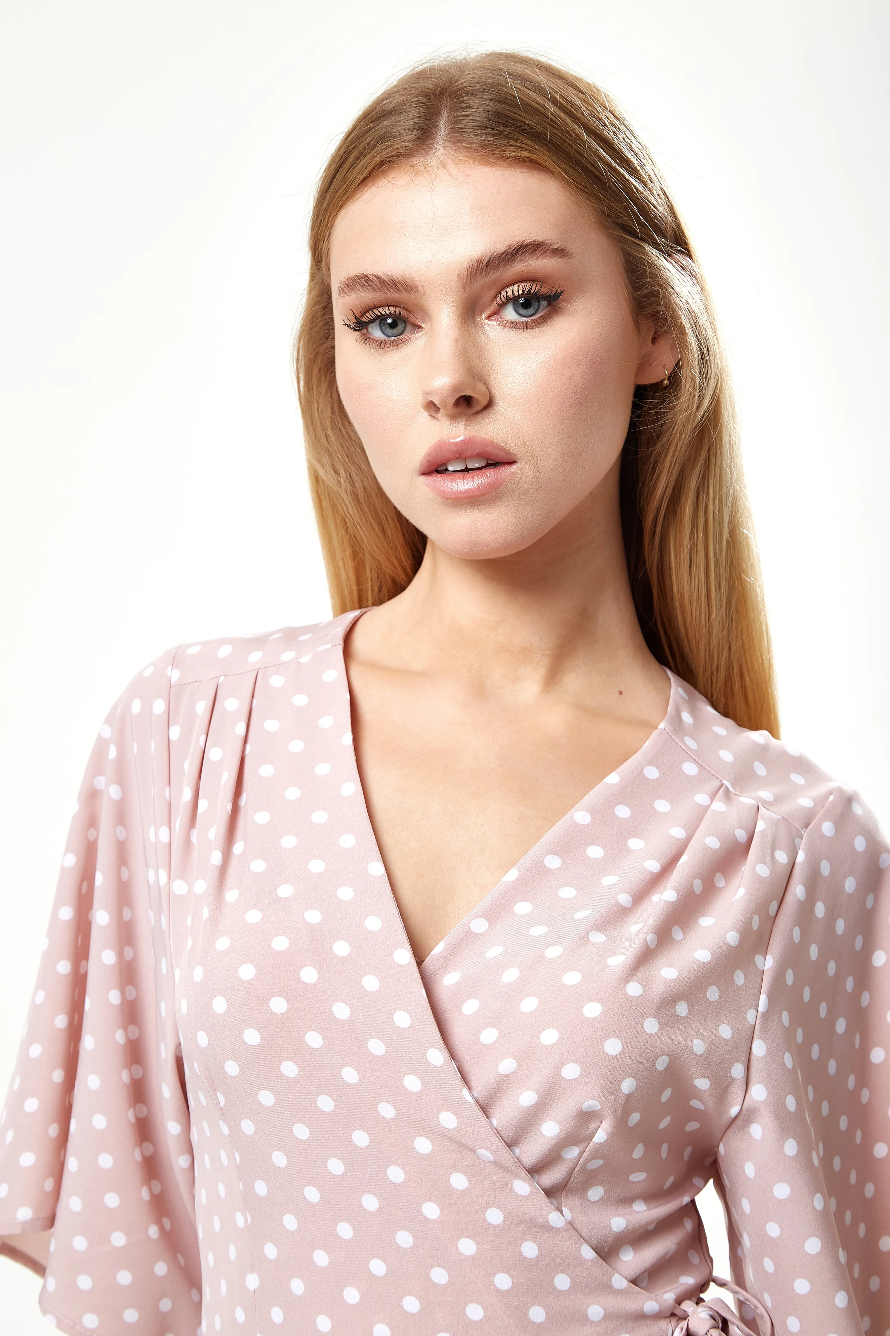 Liquorish Polka Dot Midi Wrap Dress In Light Pink sold by Goddiva product image thumbnail 4