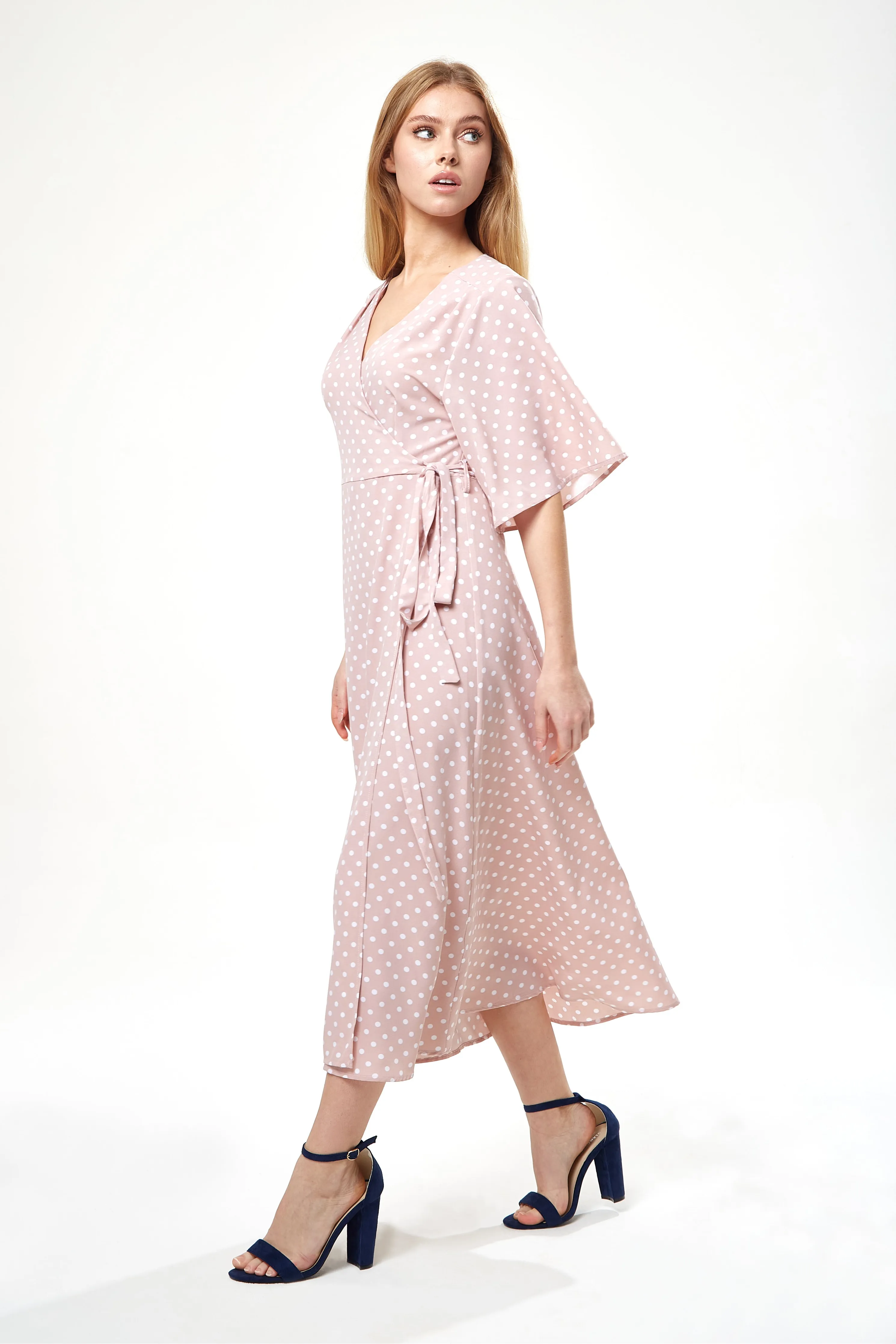 Liquorish Polka Dot Midi Wrap Dress In Light Pink sold by Goddiva product image thumbnail 2