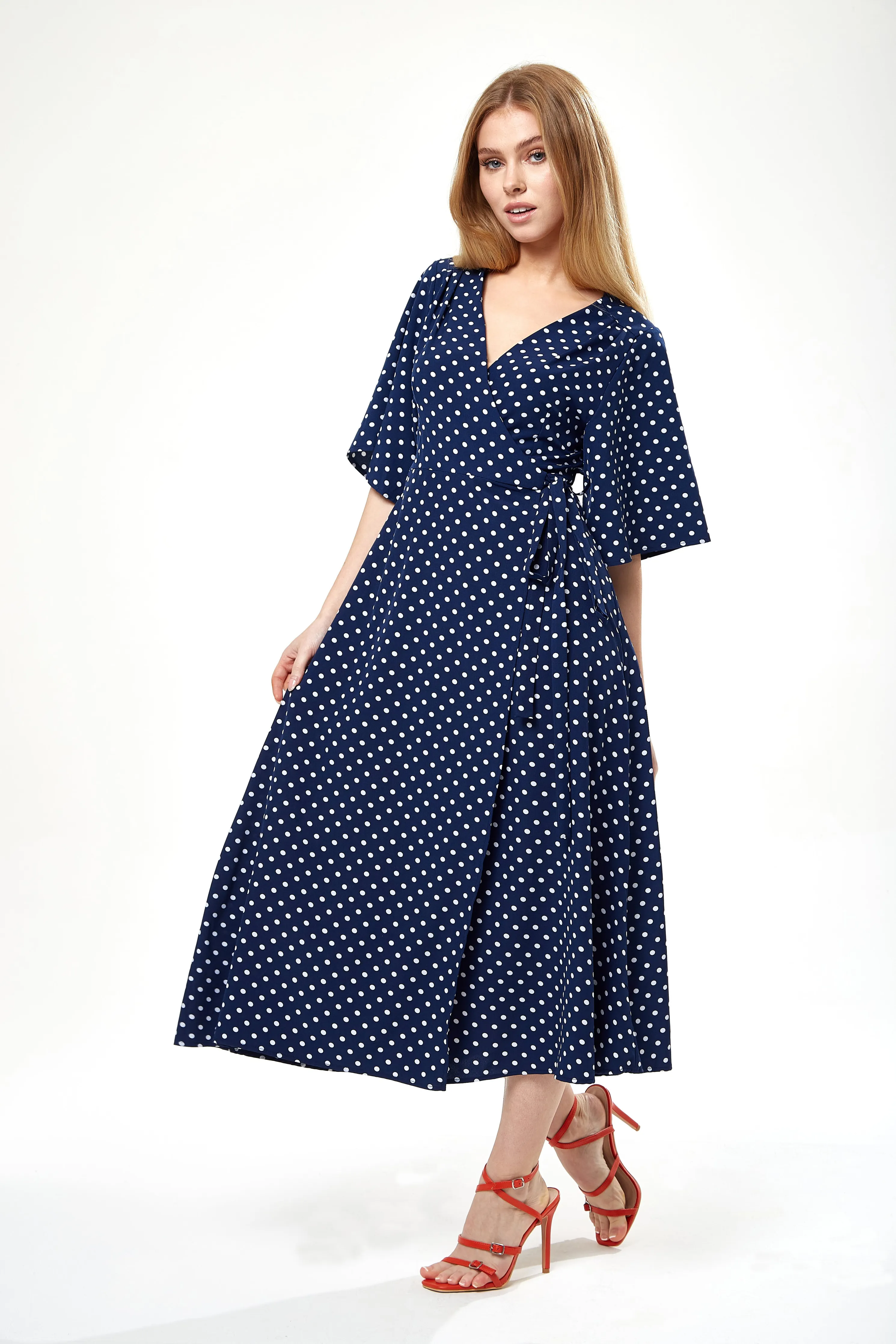 Liquorish Small Polka Dot Midi Wrap Dress sold by Goddiva