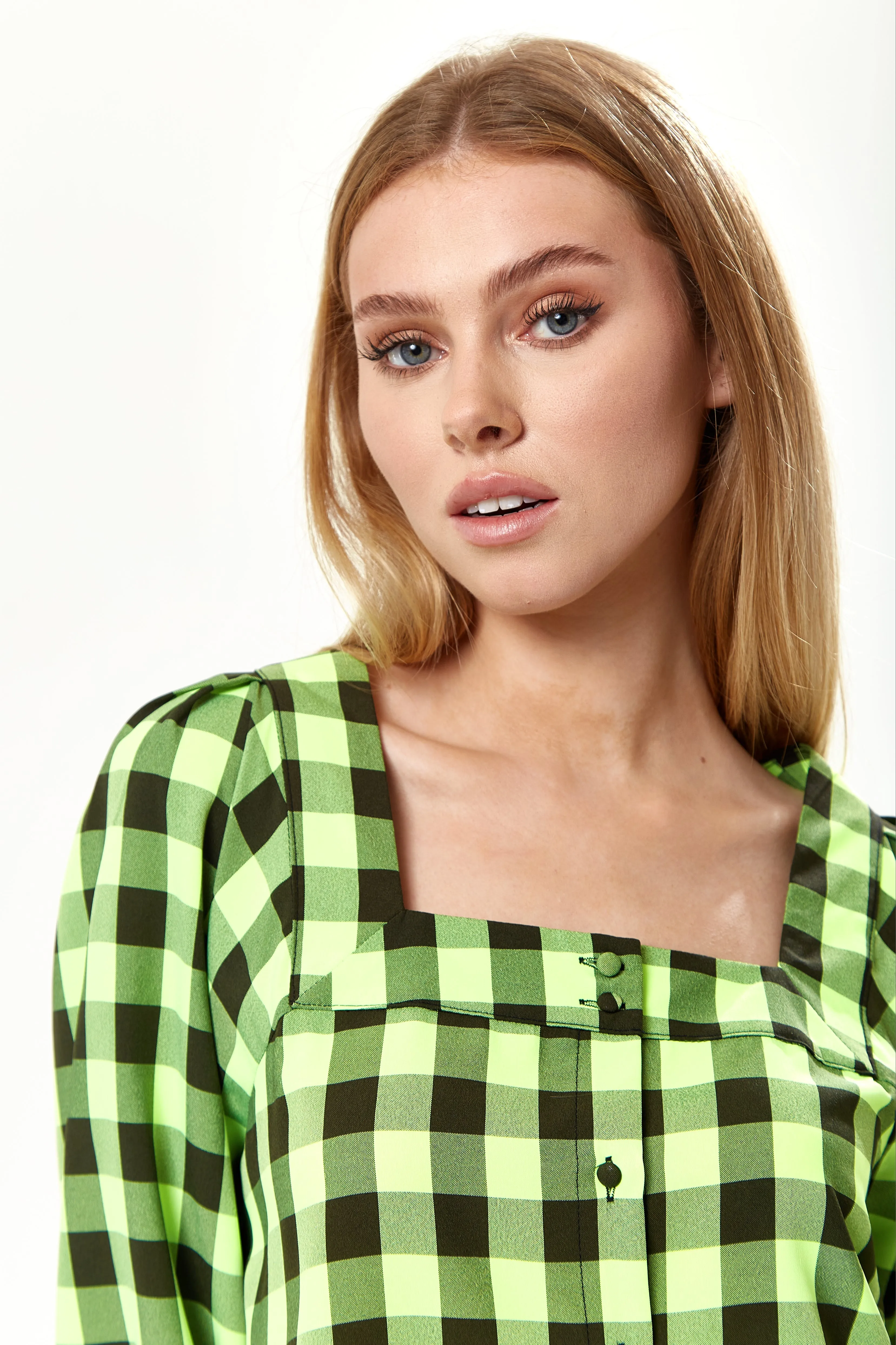 Liquorish Neon Green Gingham Puff Sleeve Dress sold by Goddiva product image thumbnail 4