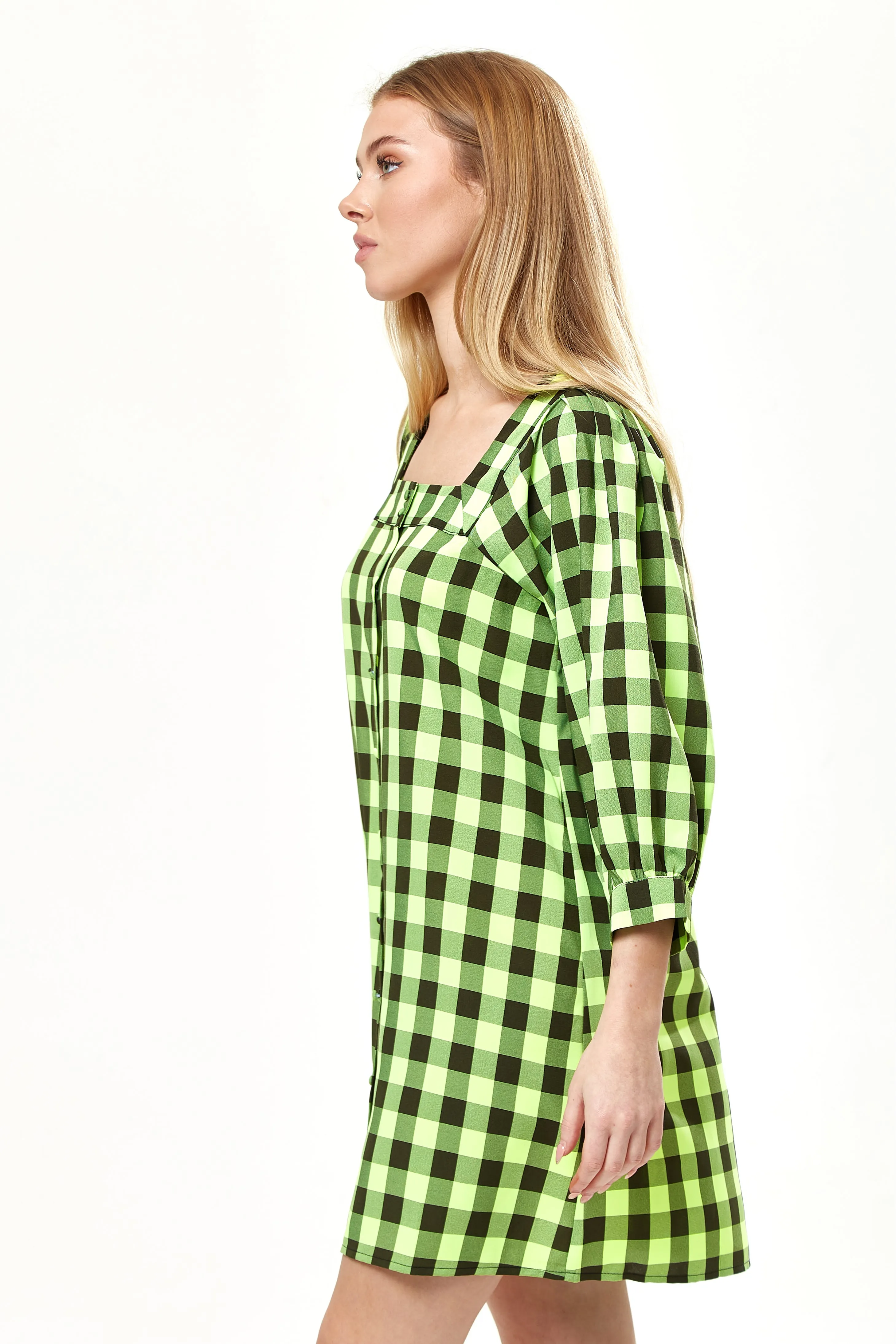 Liquorish Neon Green Gingham Puff Sleeve Dress sold by Goddiva product image thumbnail 2