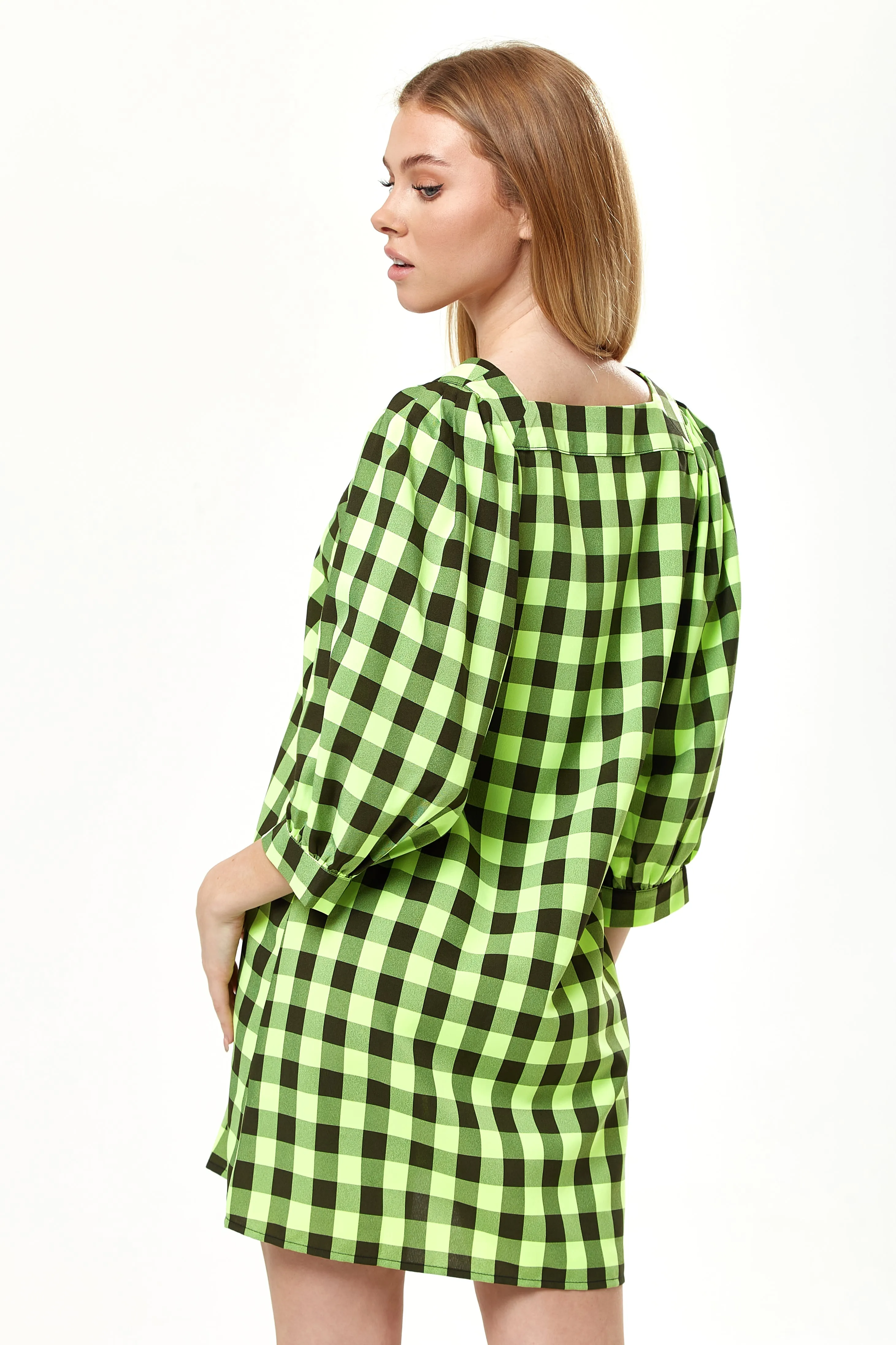 Liquorish Neon Green Gingham Puff Sleeve Dress sold by Goddiva product image thumbnail 3