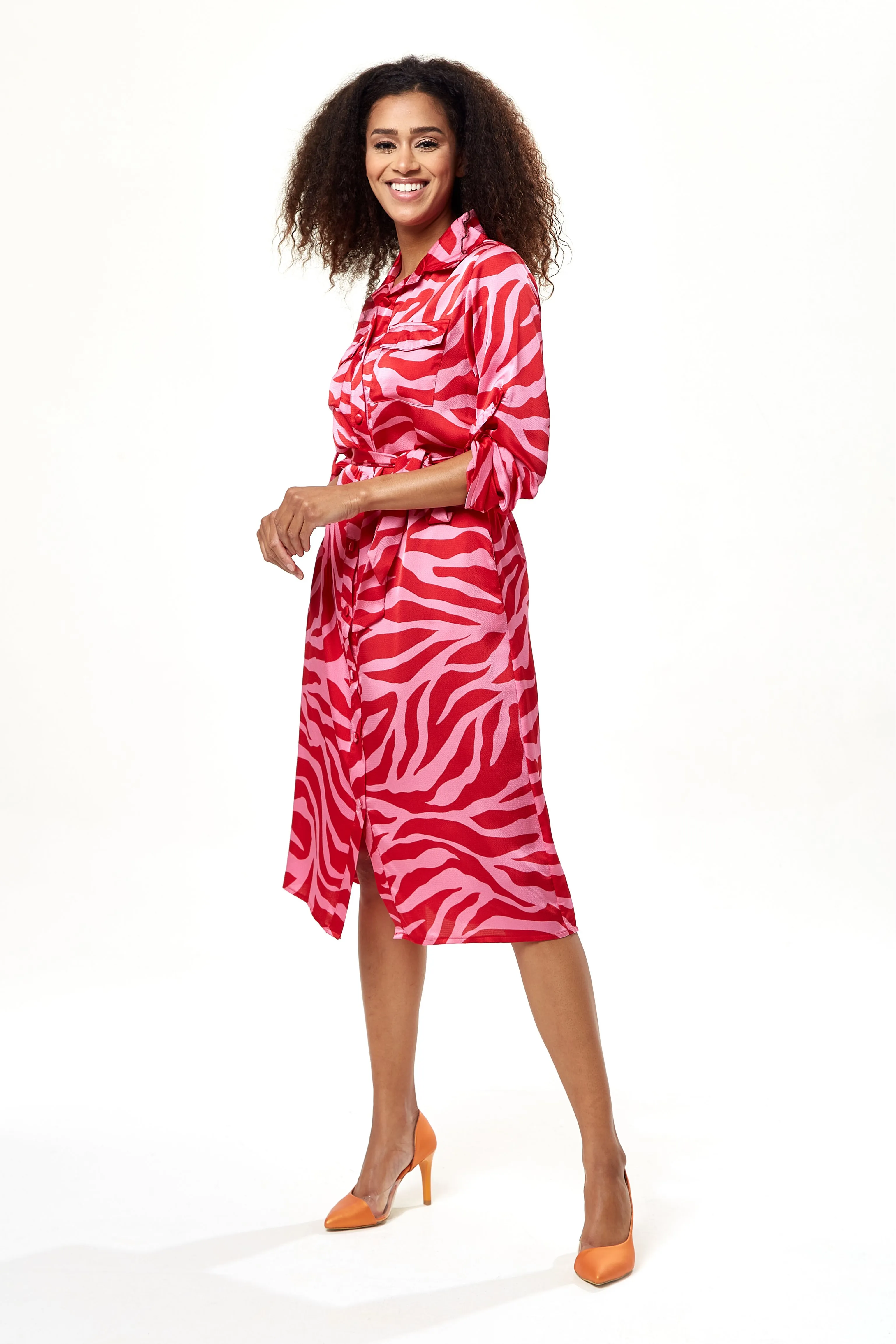 Liquorish Pink And Red Zebra Print Midi Shirt Dress sold by Goddiva