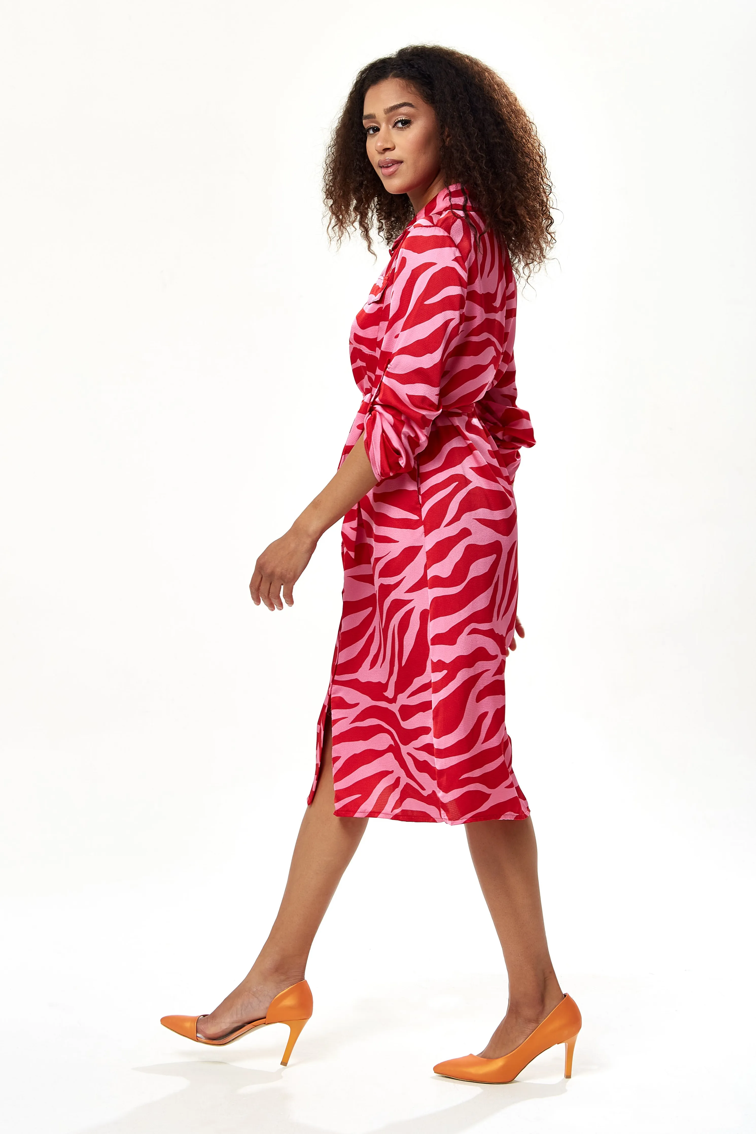 Liquorish Pink And Red Zebra Print Midi Shirt Dress sold by Goddiva product image thumbnail 2